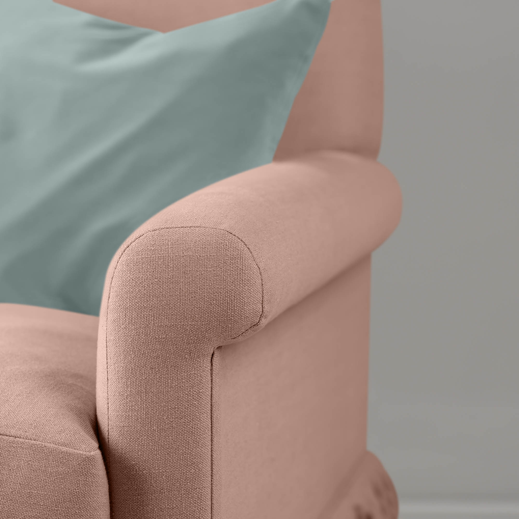 Arm Design Closeup of Curtain Call Love Seat in Laidback Linen Roseberry