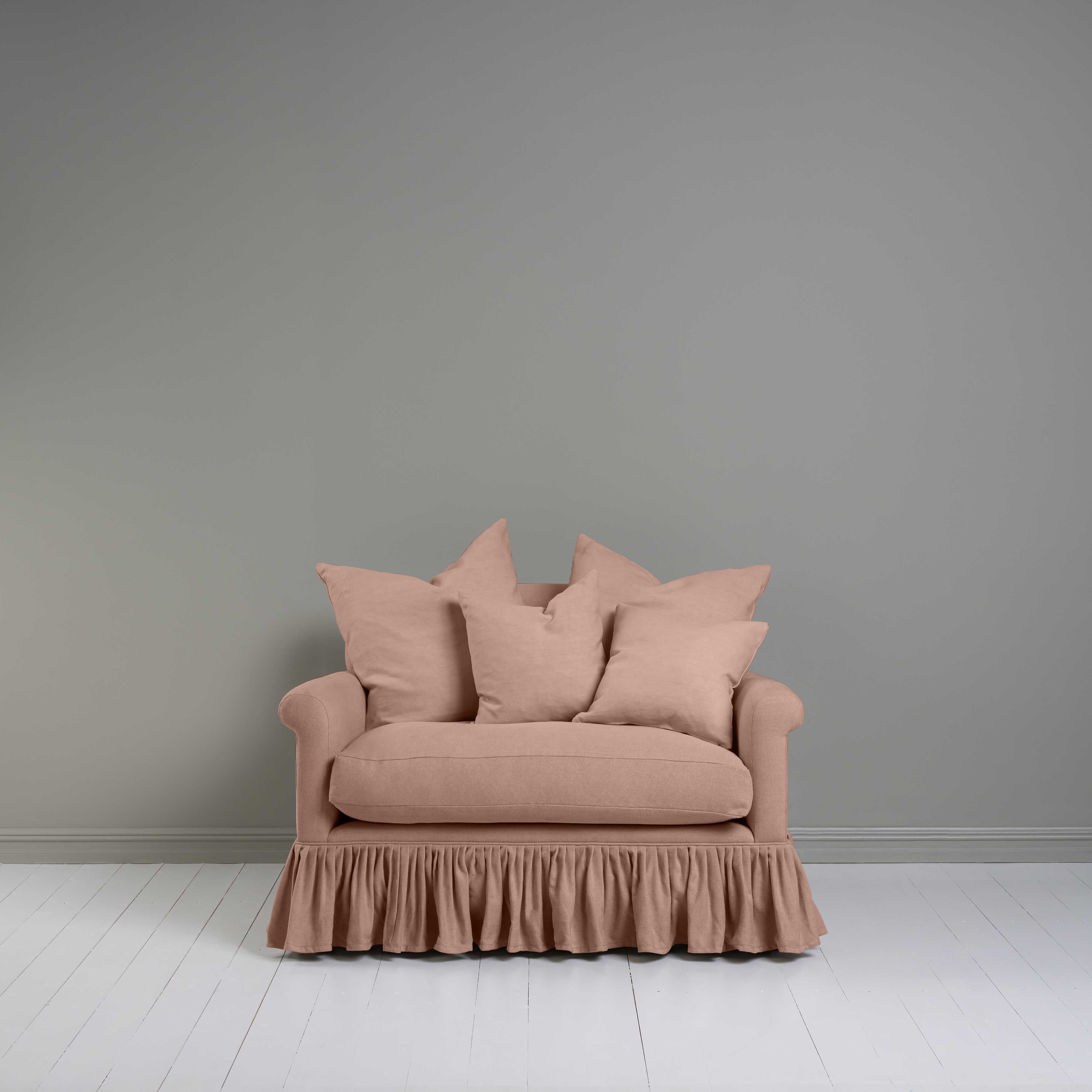 Front View of Curtain Call Love Seat in Pink(Roseberry) With Matching Cushions - NiX