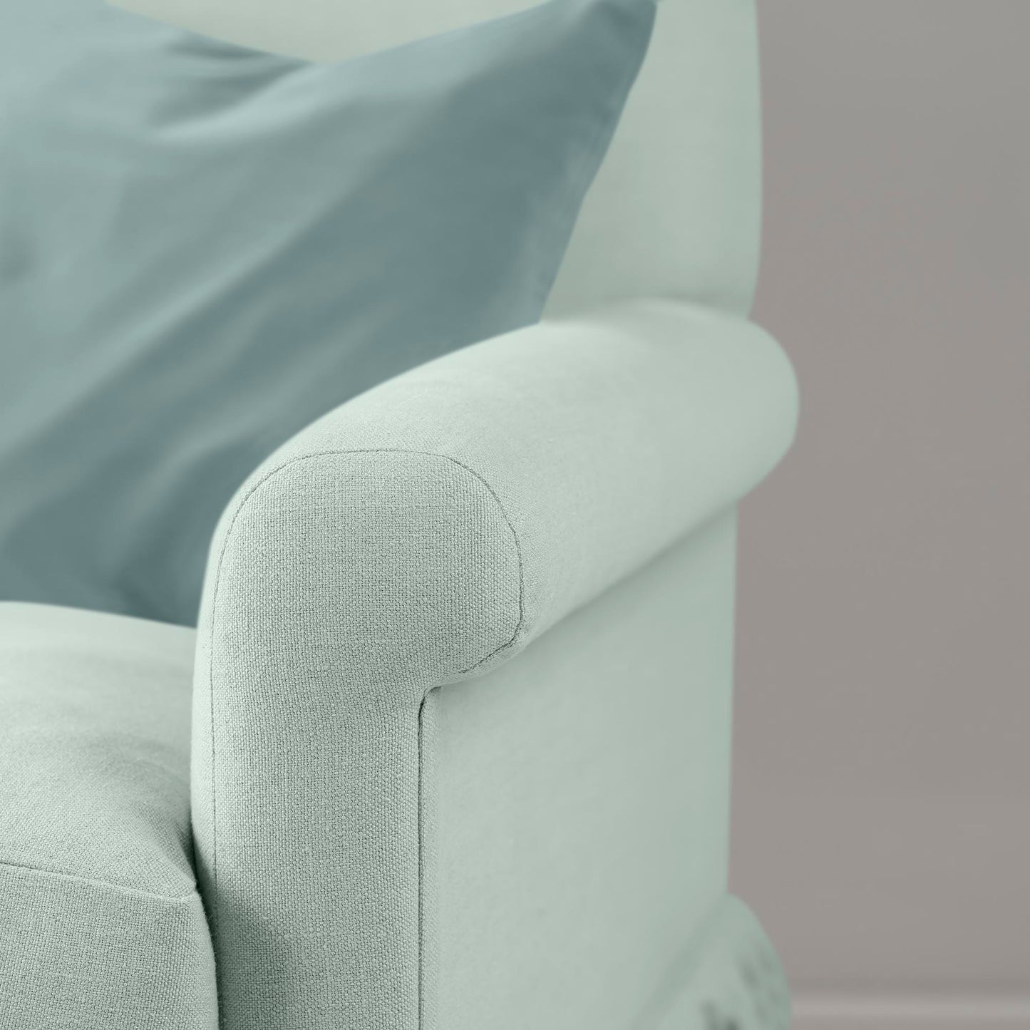 Arm Design Closeup of Curtain Call Love Seat in Sky Blue Color - Nicola Harding
