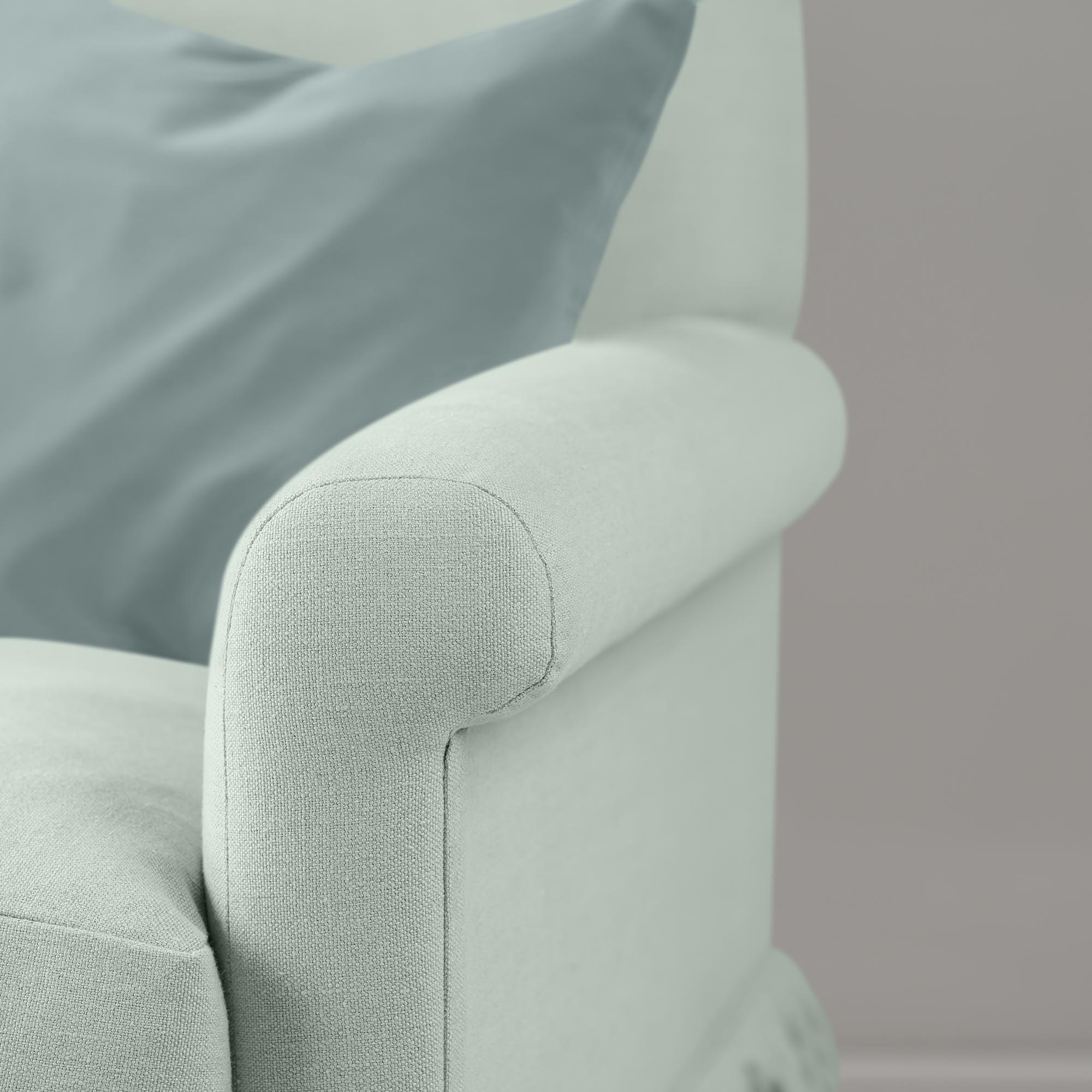 Arm Design Closeup of Curtain Call Love Seat in Sky Blue Color - Nicola Harding