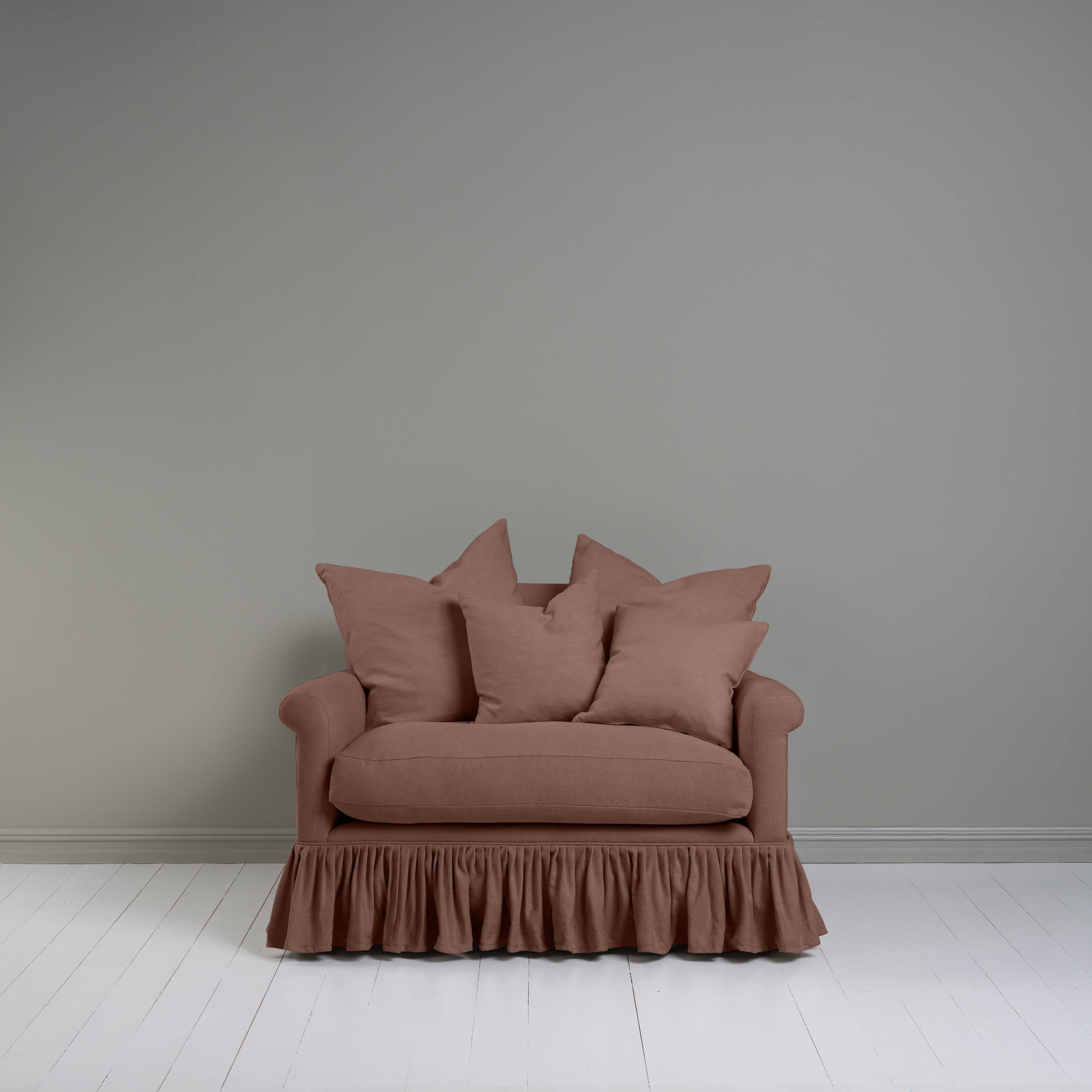 Front View of Curtain Call Love Seat in Pink(Sweet Briar) With Matching Cushions - By NiX