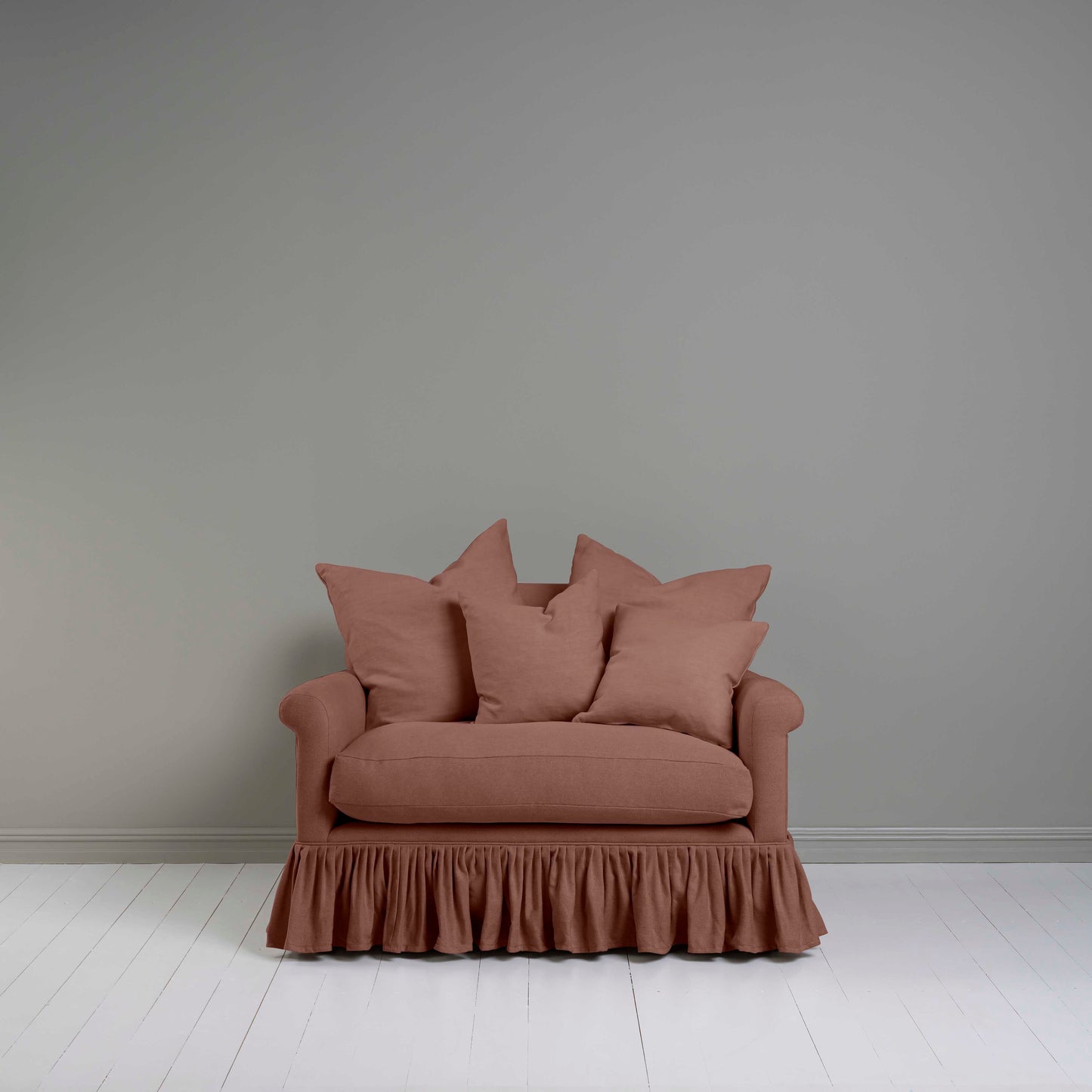 Front View of Curtain Call Love Seat in Pink(Sweet Briar) With Matching Cushions - By NiX