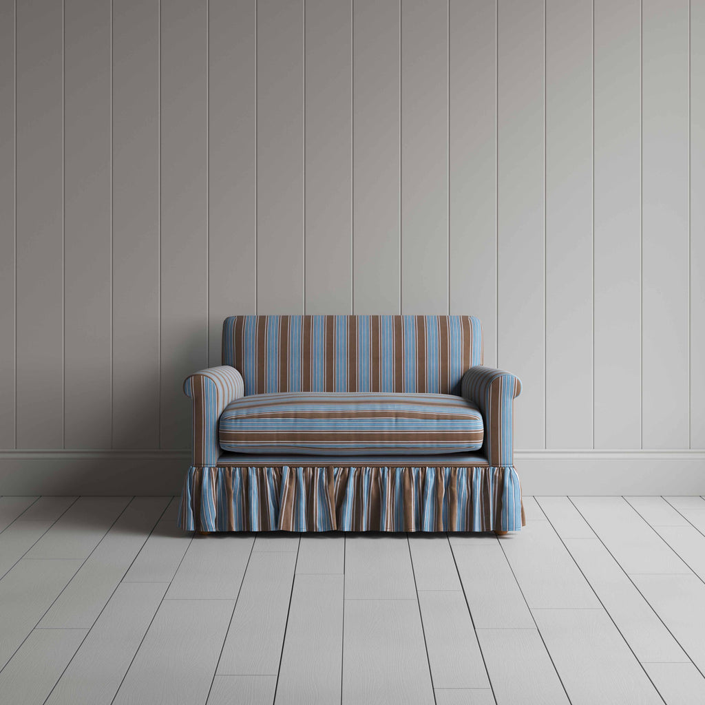 Front View of Curtain Call Loveseat in Regatta Cotton, Blue - Nicola Harding & Co.