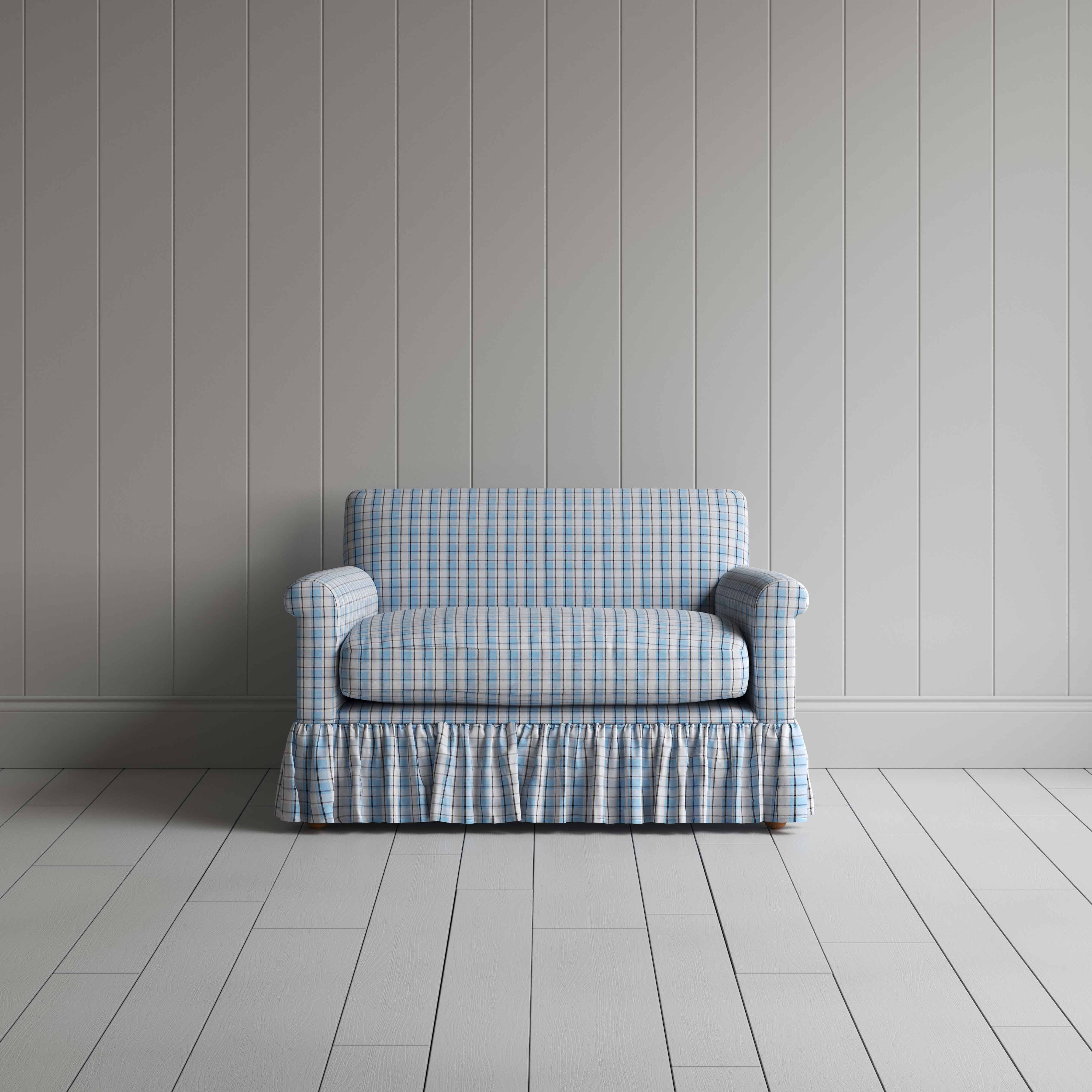 Curtain Call Love Seat in Square Deal Cotton, Blue Brown - Nicola Harding