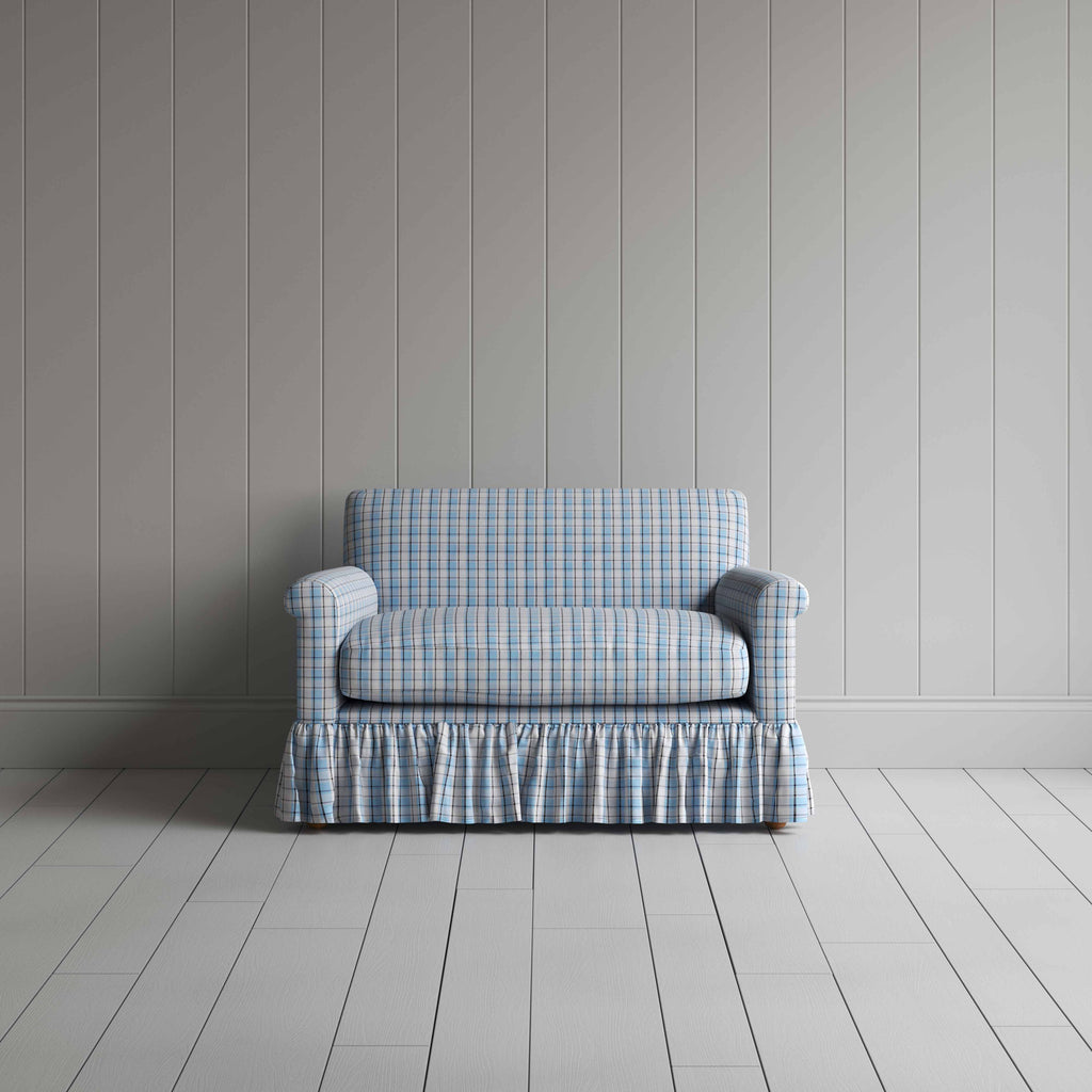 Curtain Call Love Seat in Square Deal Cotton, Blue Brown - Nicola Harding