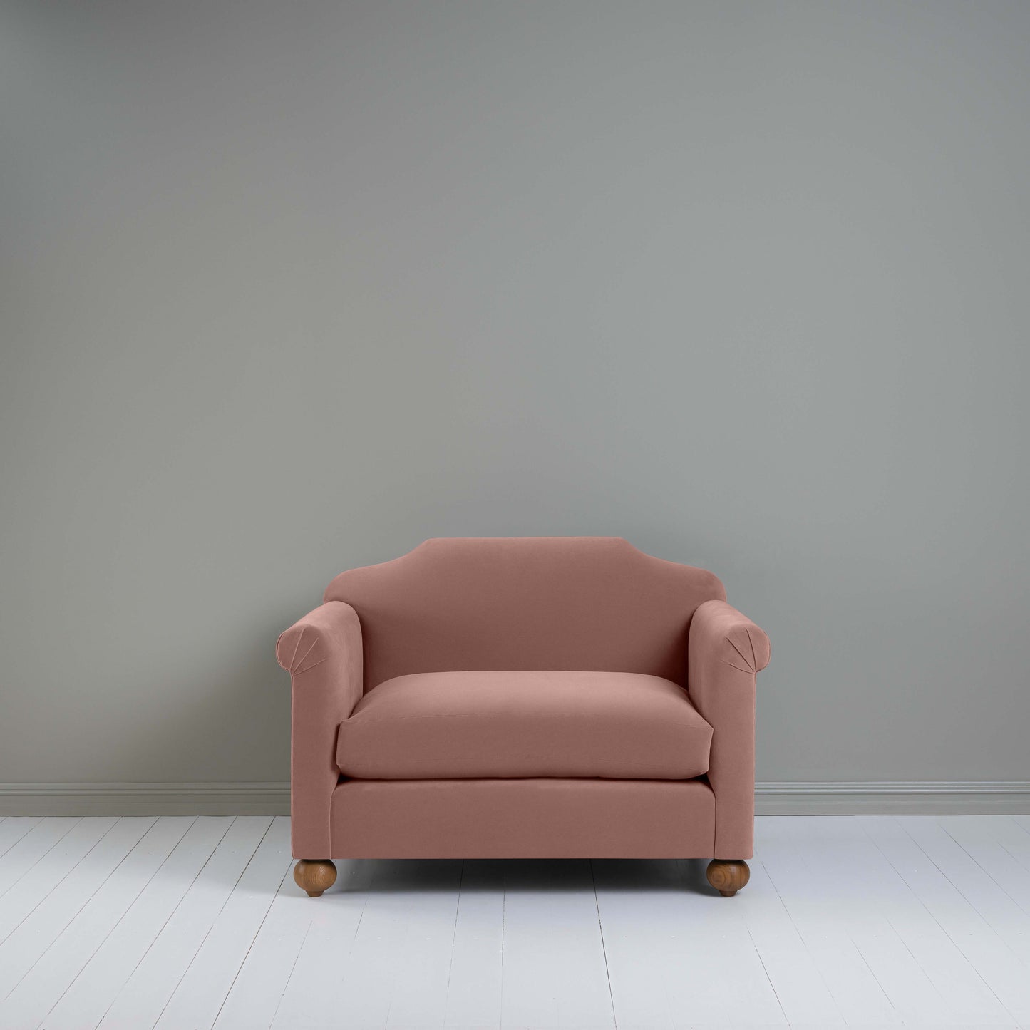 Dolittle Love Seat in Intelligent Velvet Dusky Pink, Front View - Nicola Harding