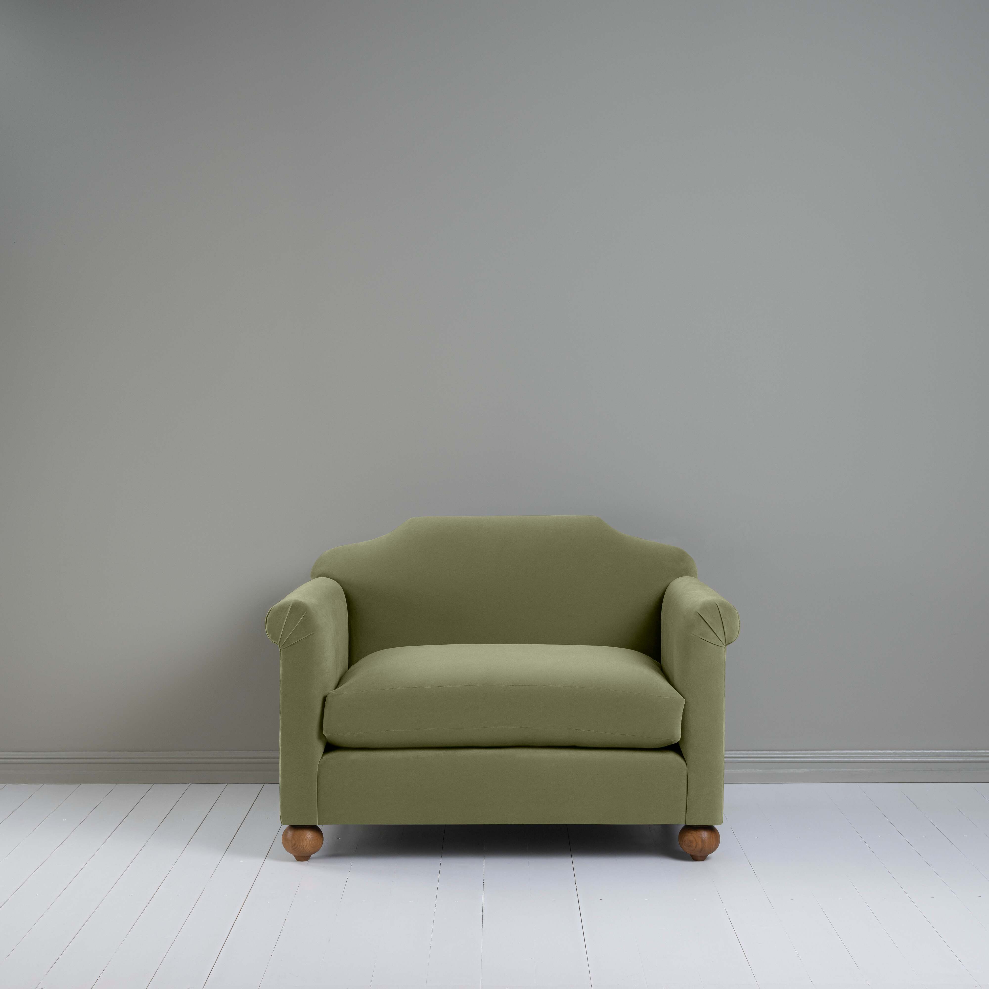 Dolittle Love Seat in Intelligent Velvet Green Tea, Front View - Nicola Harding