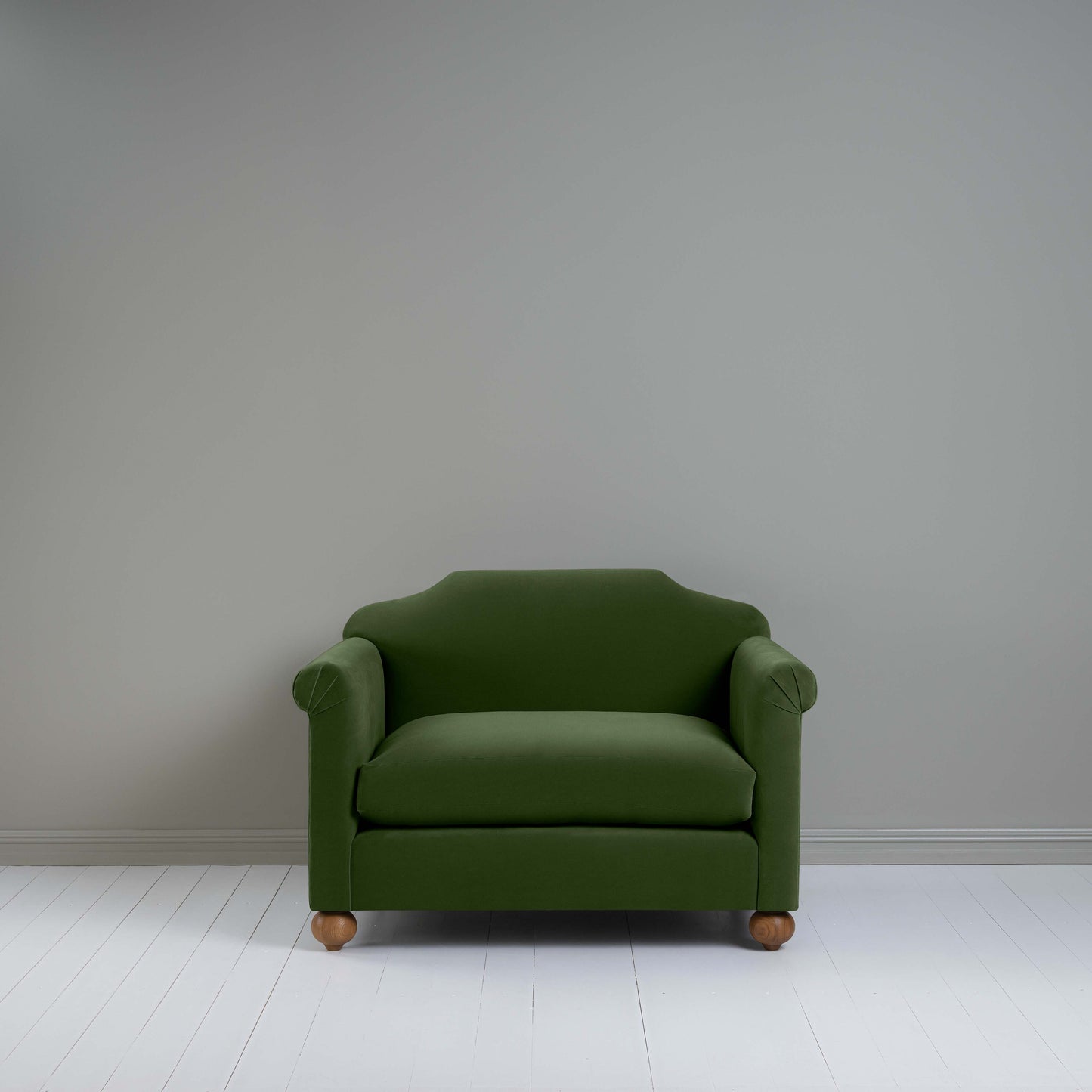 Dolittle Love Seat in Intelligent Velvet Juniper, Front View - Nicola Harding