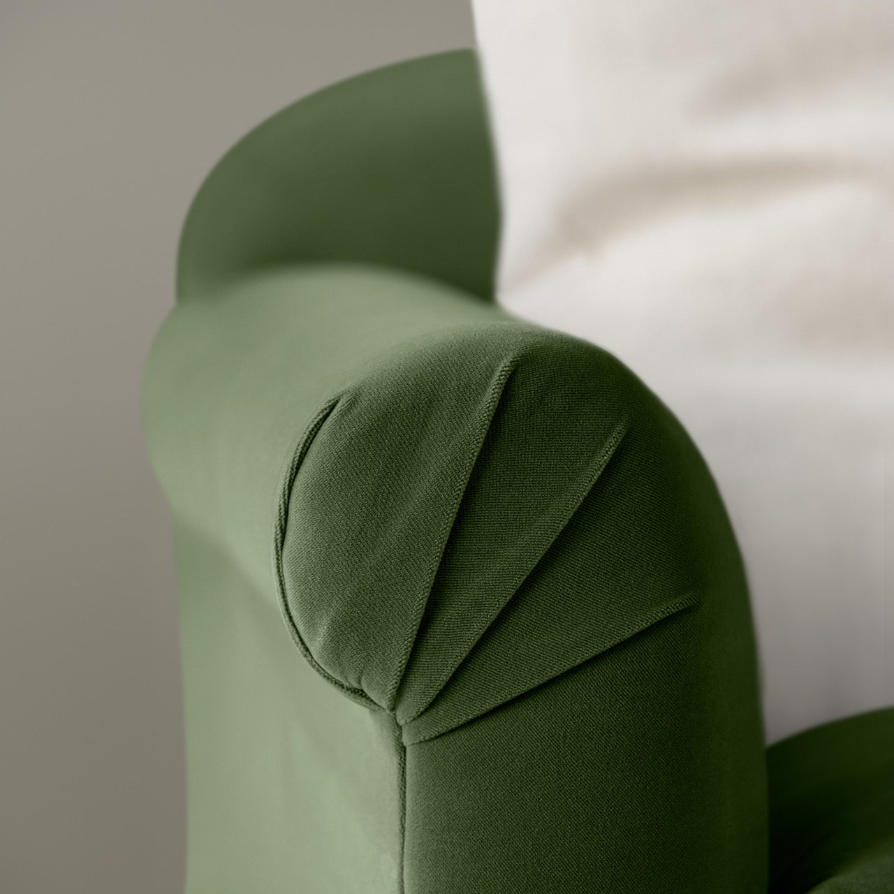 Dolittle Love Seat in Intelligent Velvet Juniper, Arm Design Closeup - Nicola Harding