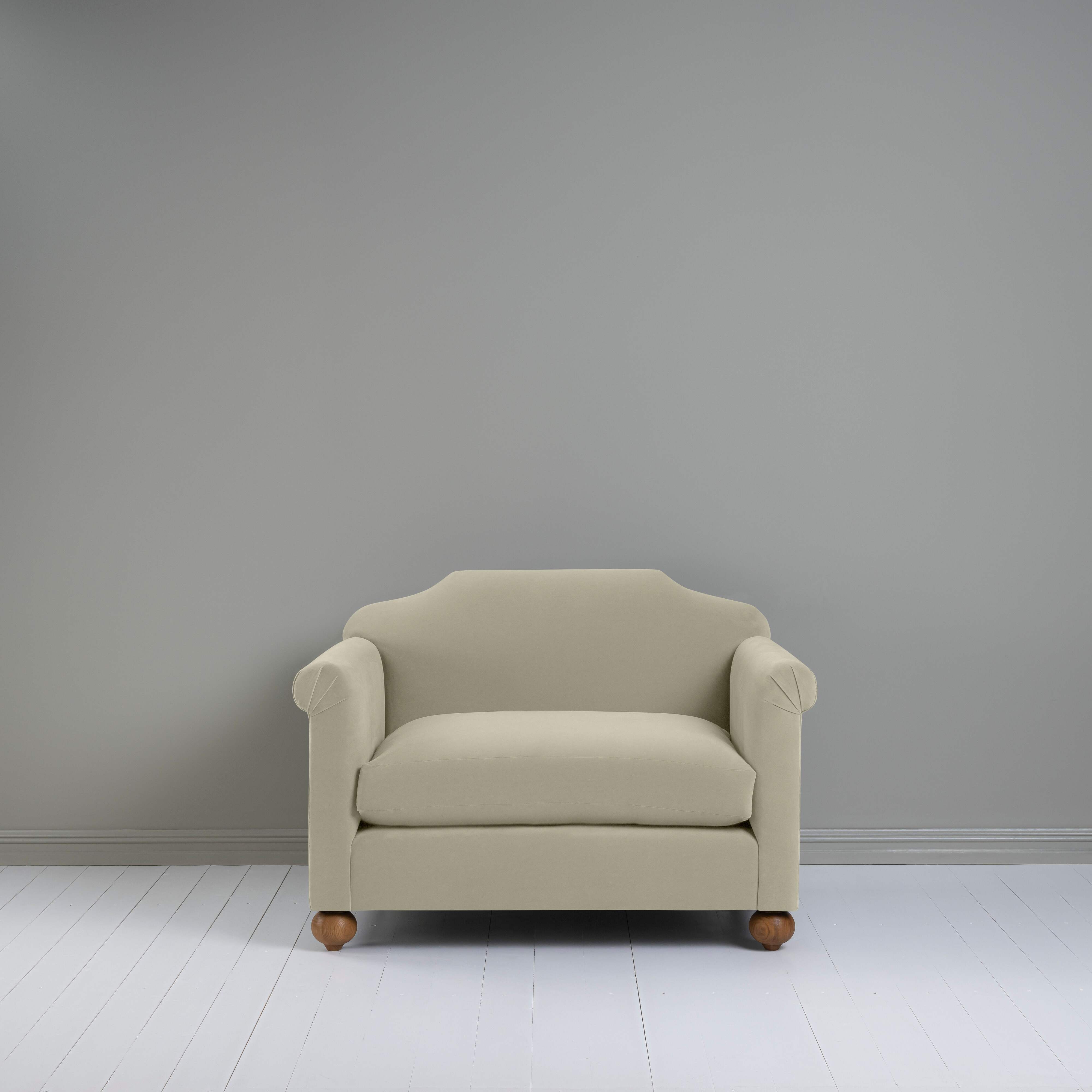 Dolittle Love Seat in Intelligent Velvet Moonstone, Front View - Nicola Harding