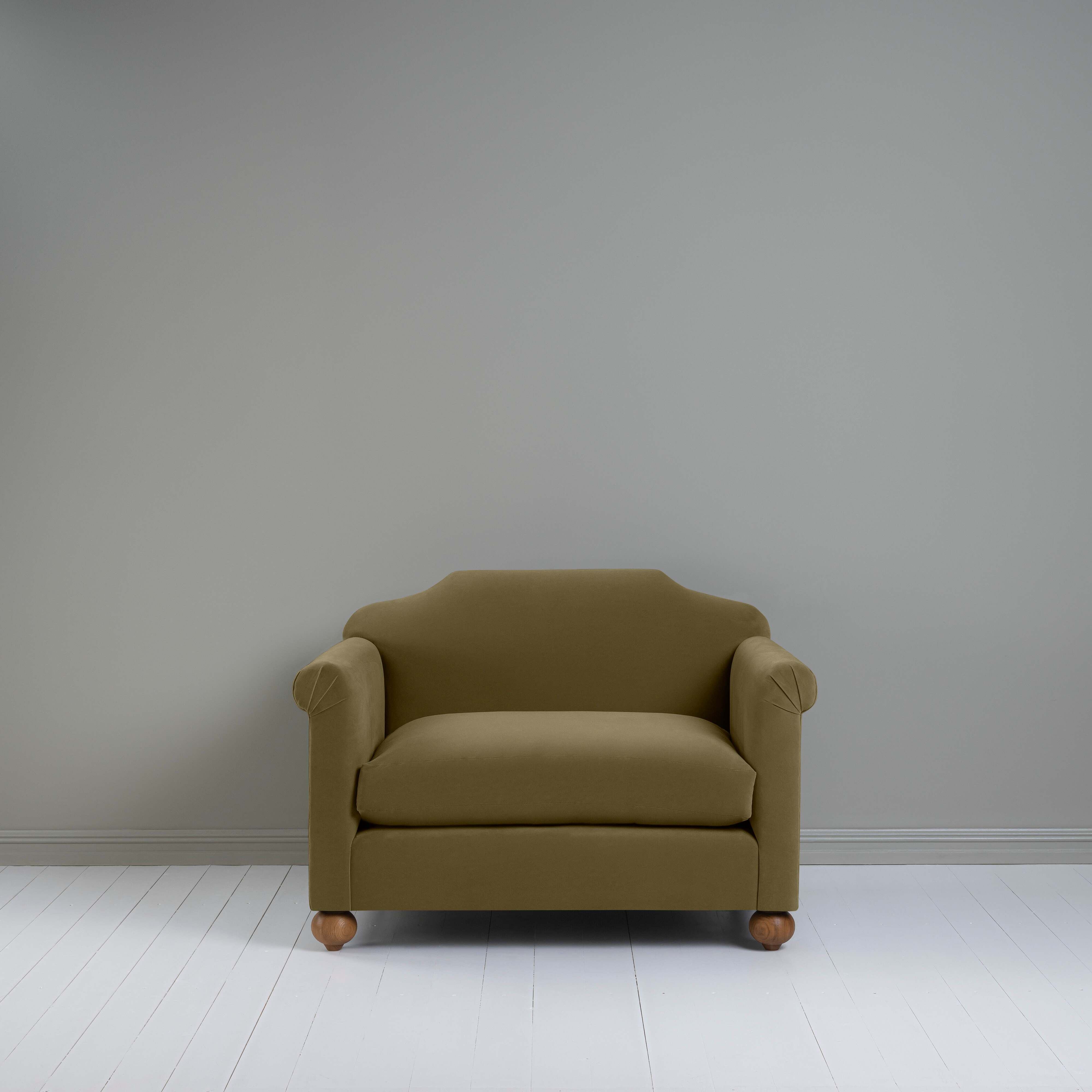 Dolittle Love Seat in Intelligent Velvet Sepia, Front View - Nicola Harding