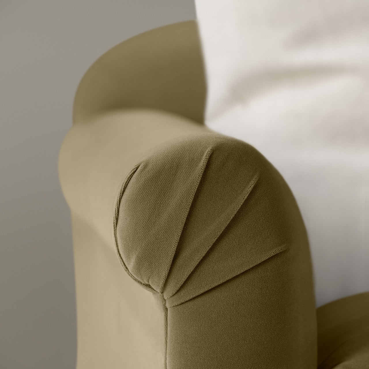 Dolittle Love Seat in Intelligent Velvet Sepia, Arm Design Closeup - Nicola Harding