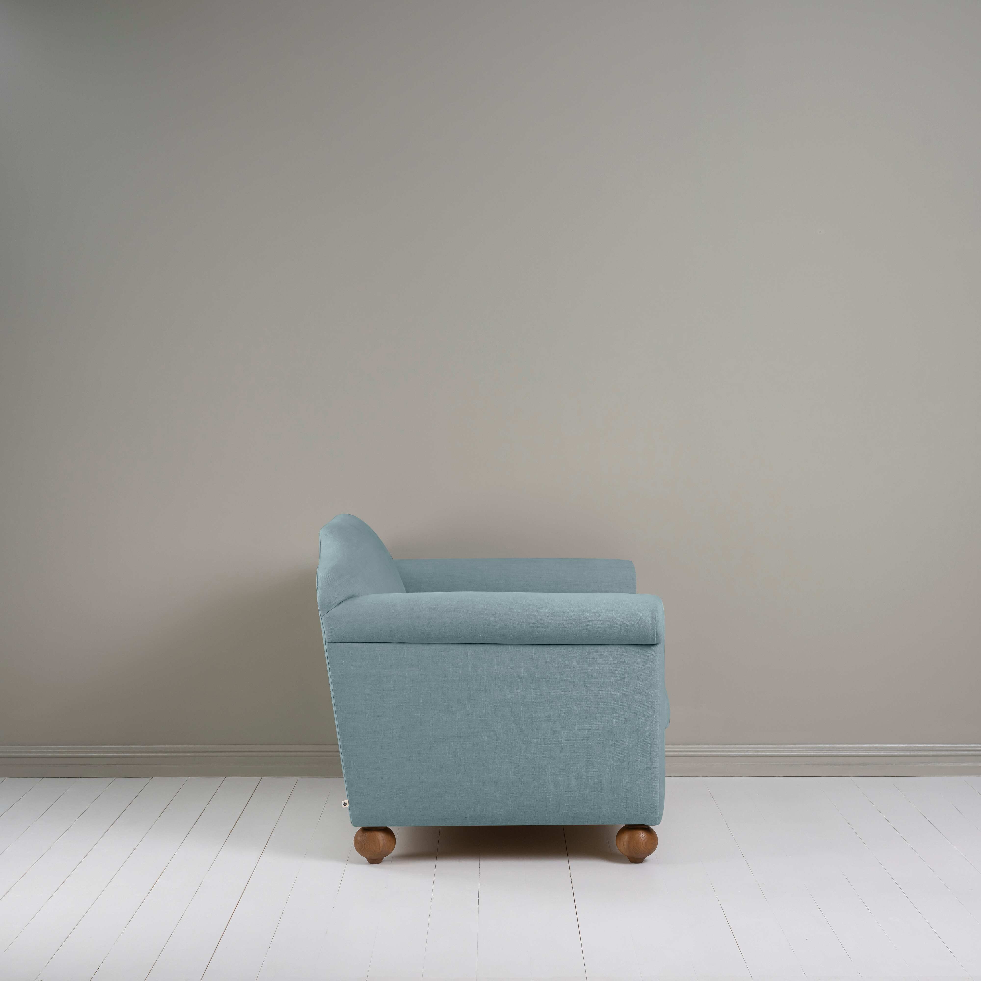 Dolittle Love Seat in Laidback Linen Cerulean, Side View - Nicola Harding
