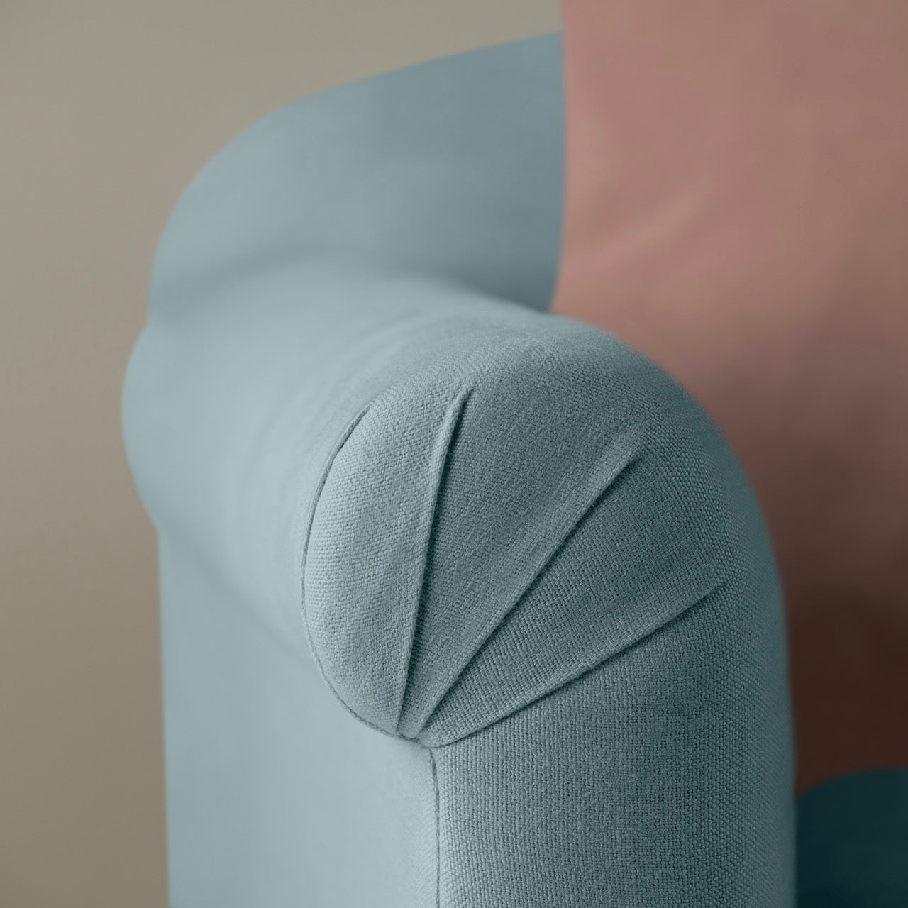 Dolittle Love Seat in Laidback Linen Cerulean, Arm Design Closeup - Nicola Harding