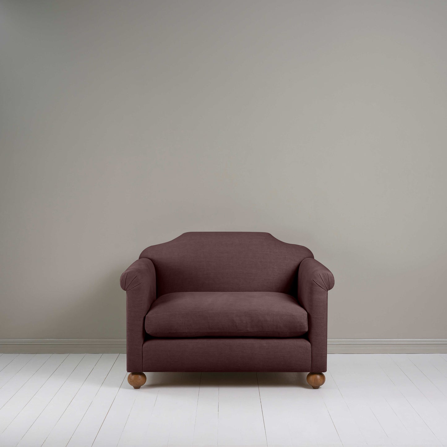 Dolittle Love Seat in Laidback Linen Damson, Front View - Nicola Harding