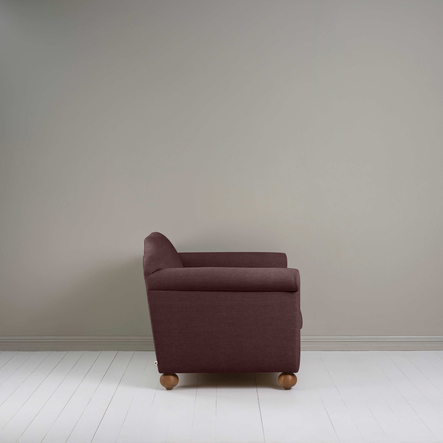 Dolittle Love Seat in Laidback Linen Damson, Side View - Nicola Harding