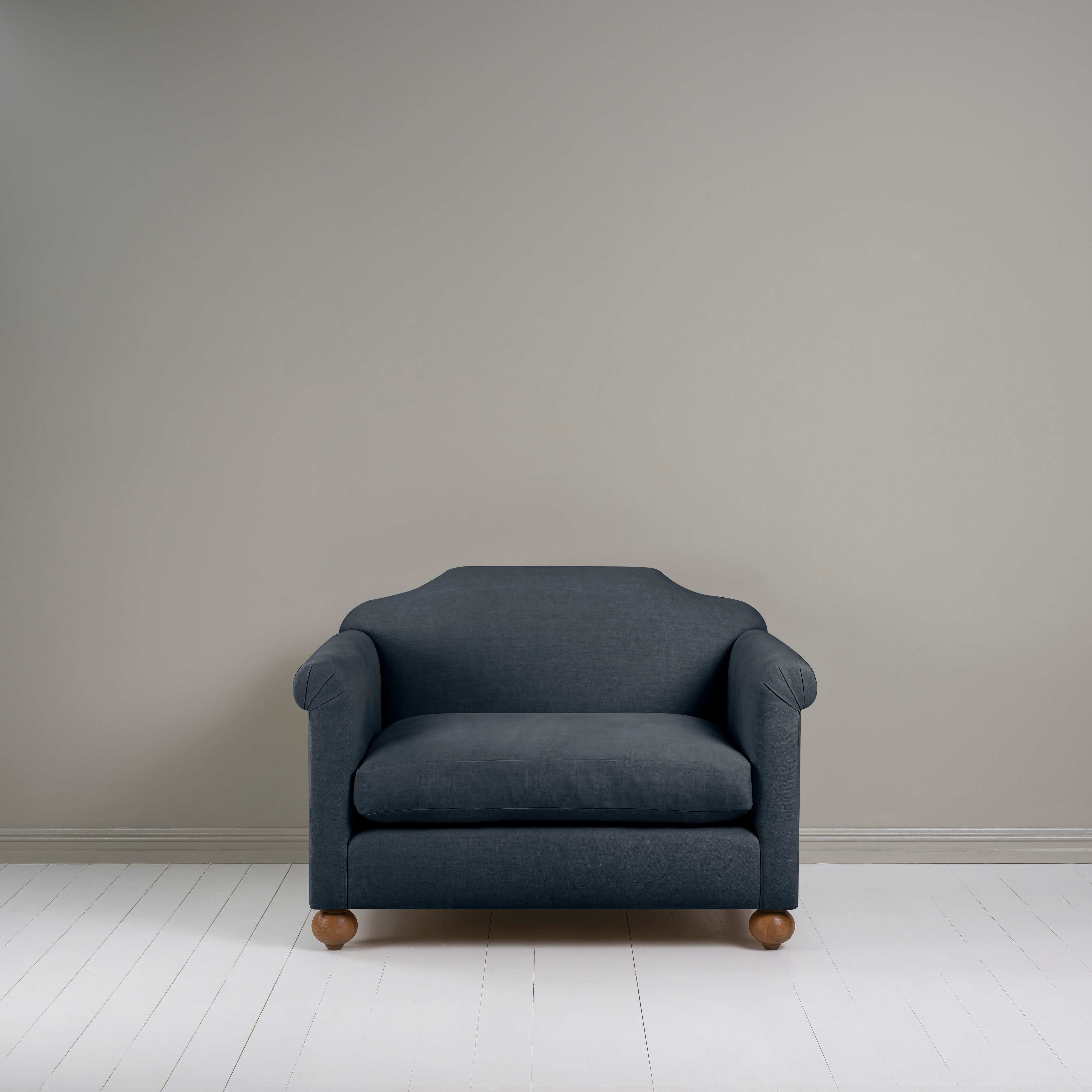 Dolittle Love Seat in Laidback Linen Midnight, Front View - Nicola Harding