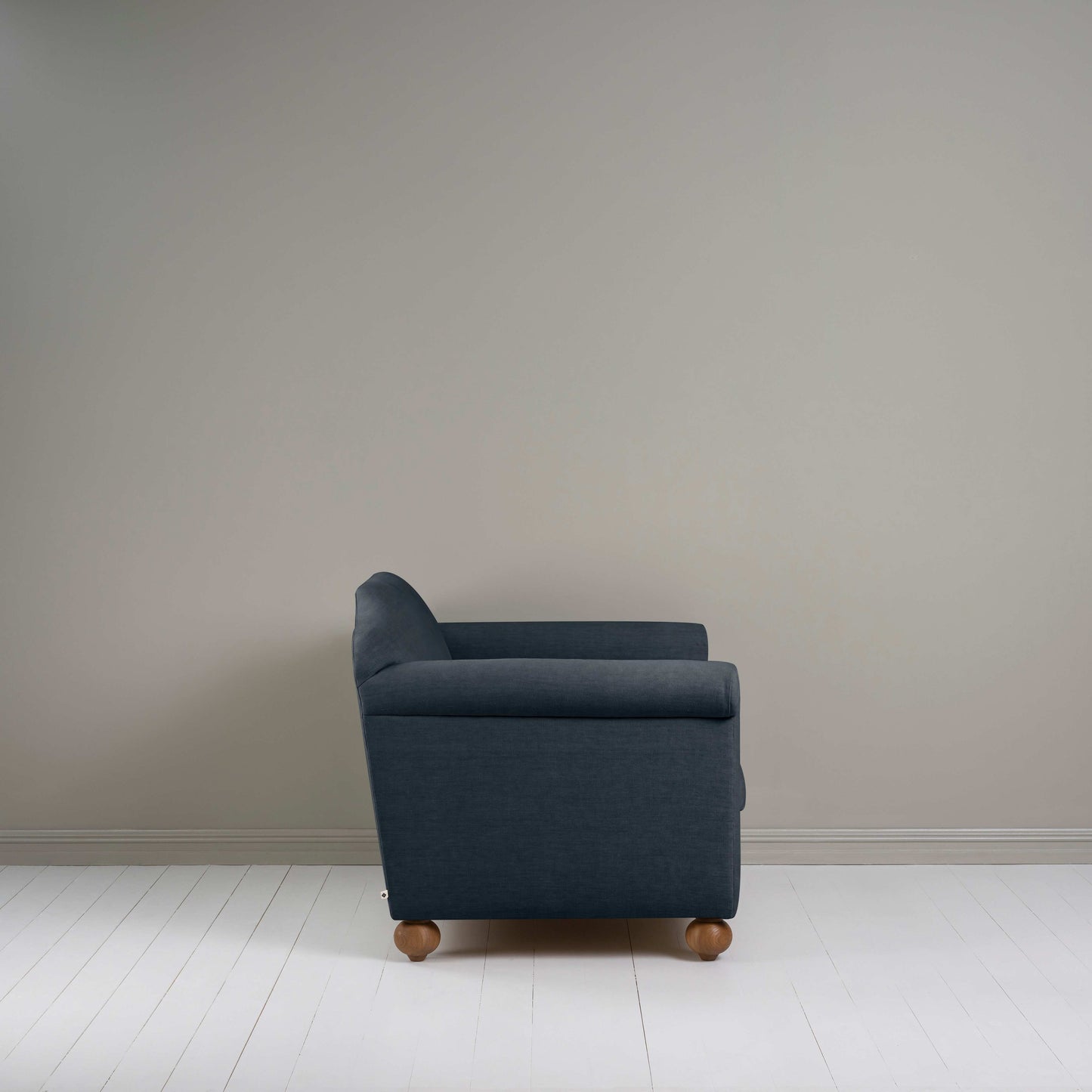 Dolittle Love Seat in Laidback Linen Midnight, Side View - Nicola Harding