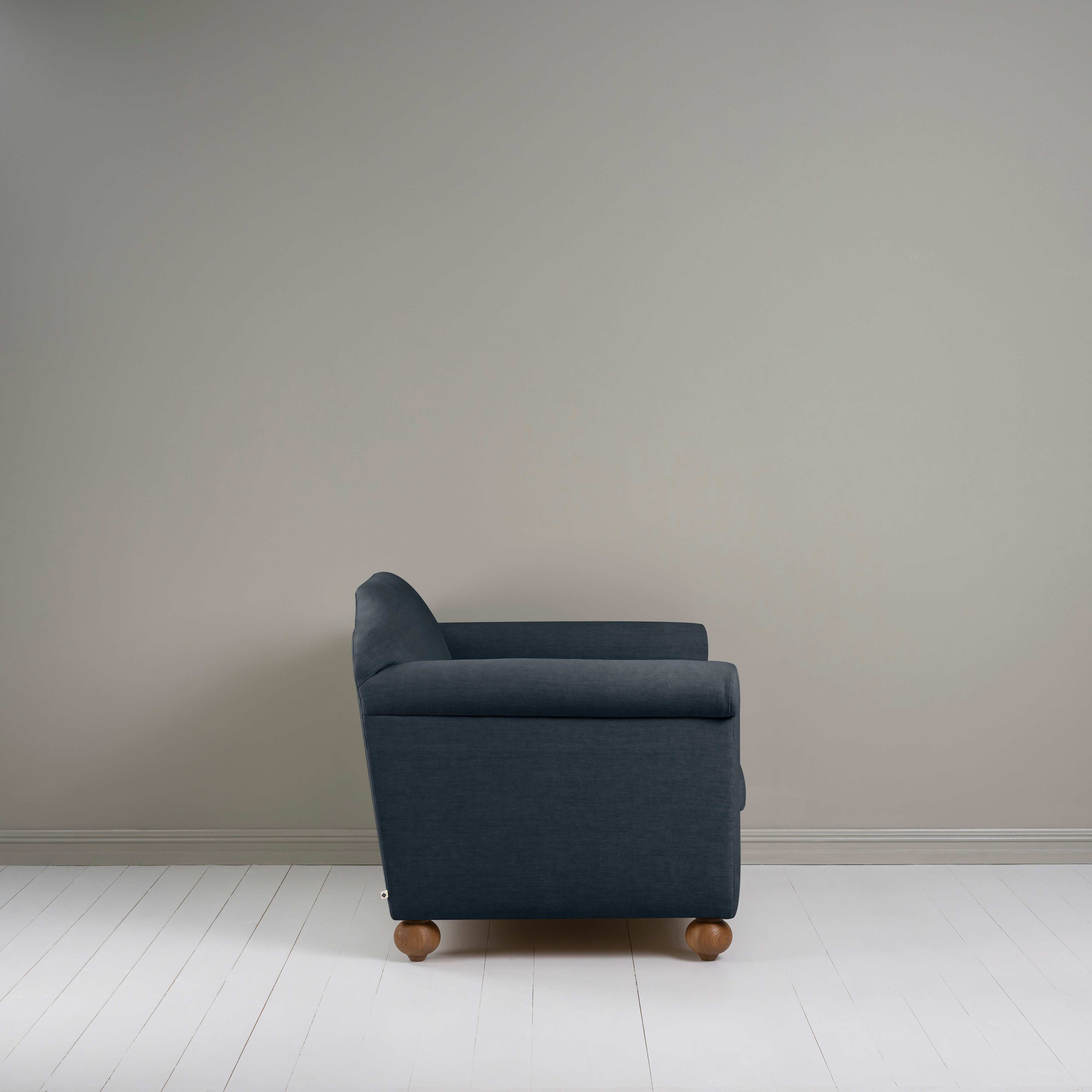 Dolittle Love Seat in Laidback Linen Midnight, Side View - Nicola Harding