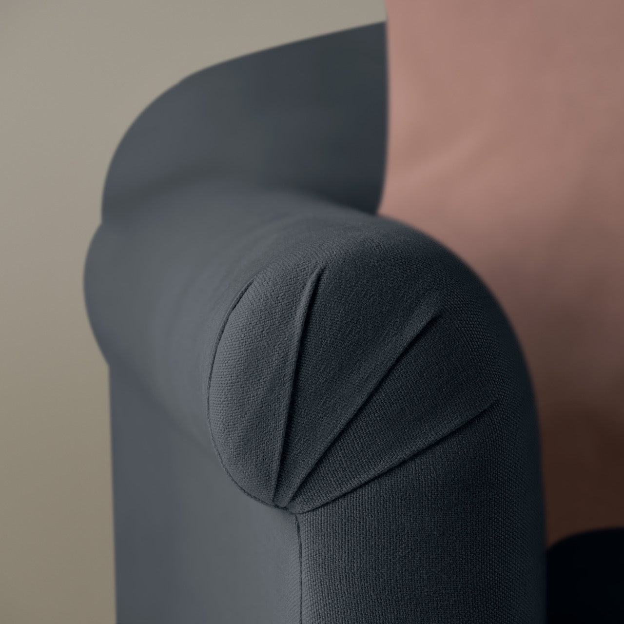 Dolittle Love Seat in Laidback Linen Midnight, Arm Design Closeup - Nicola Harding