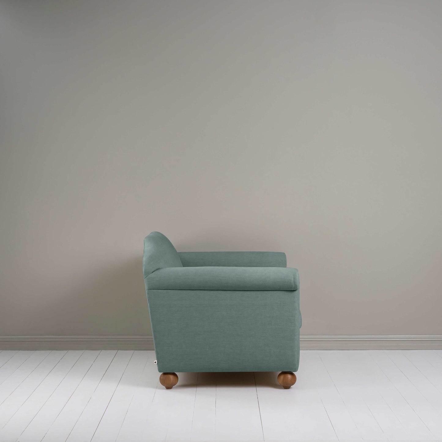 Dolittle Love Seat in Laidback Linen Mineral, Side View - Nicola Harding