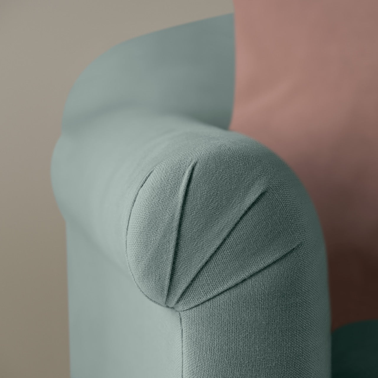 Dolittle Love Seat in Laidback Linen Mineral, Arm Design Closeup - Nicola Harding