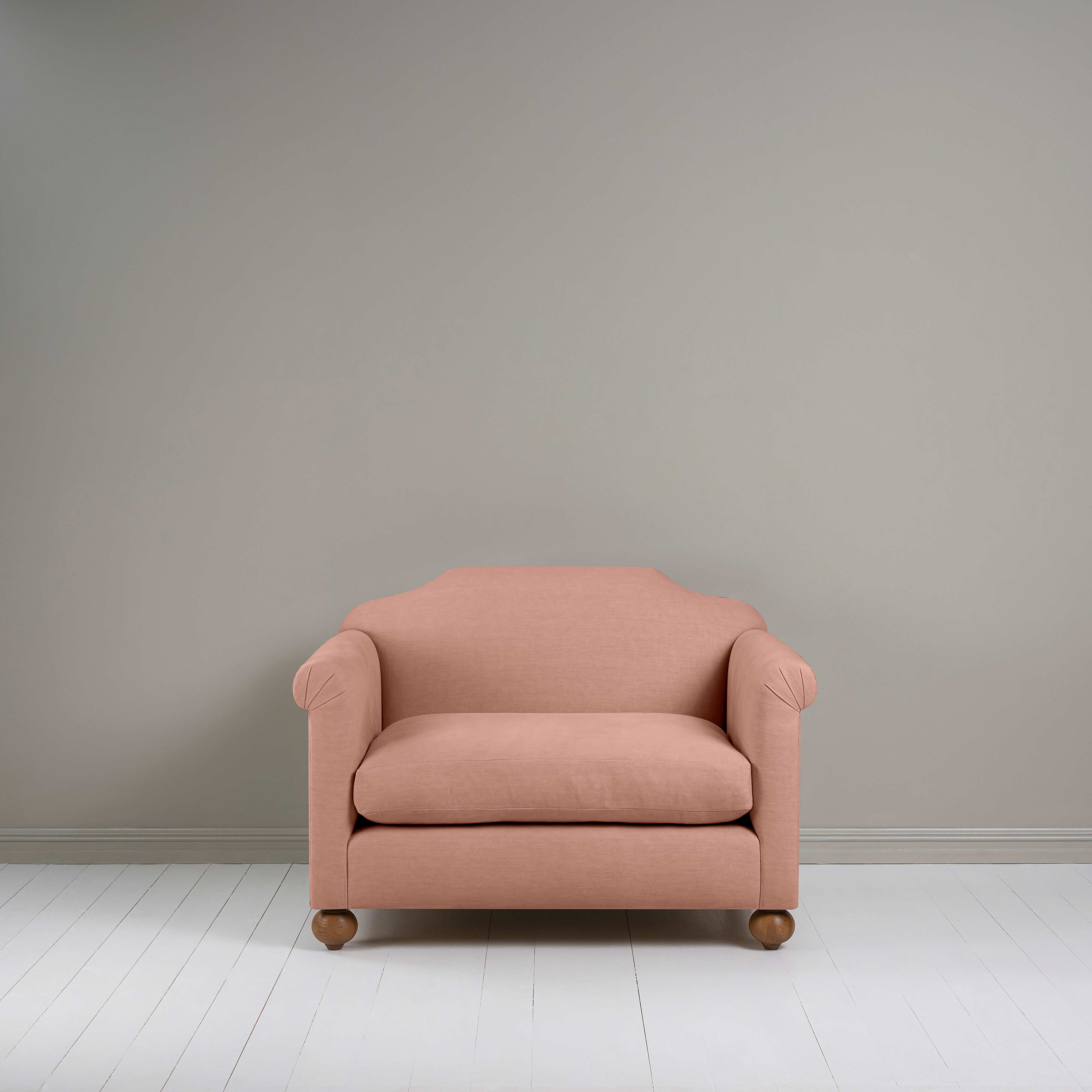 Dolittle Love Seat in Laidback Linen Roseberry, Front View - Nicola Harding