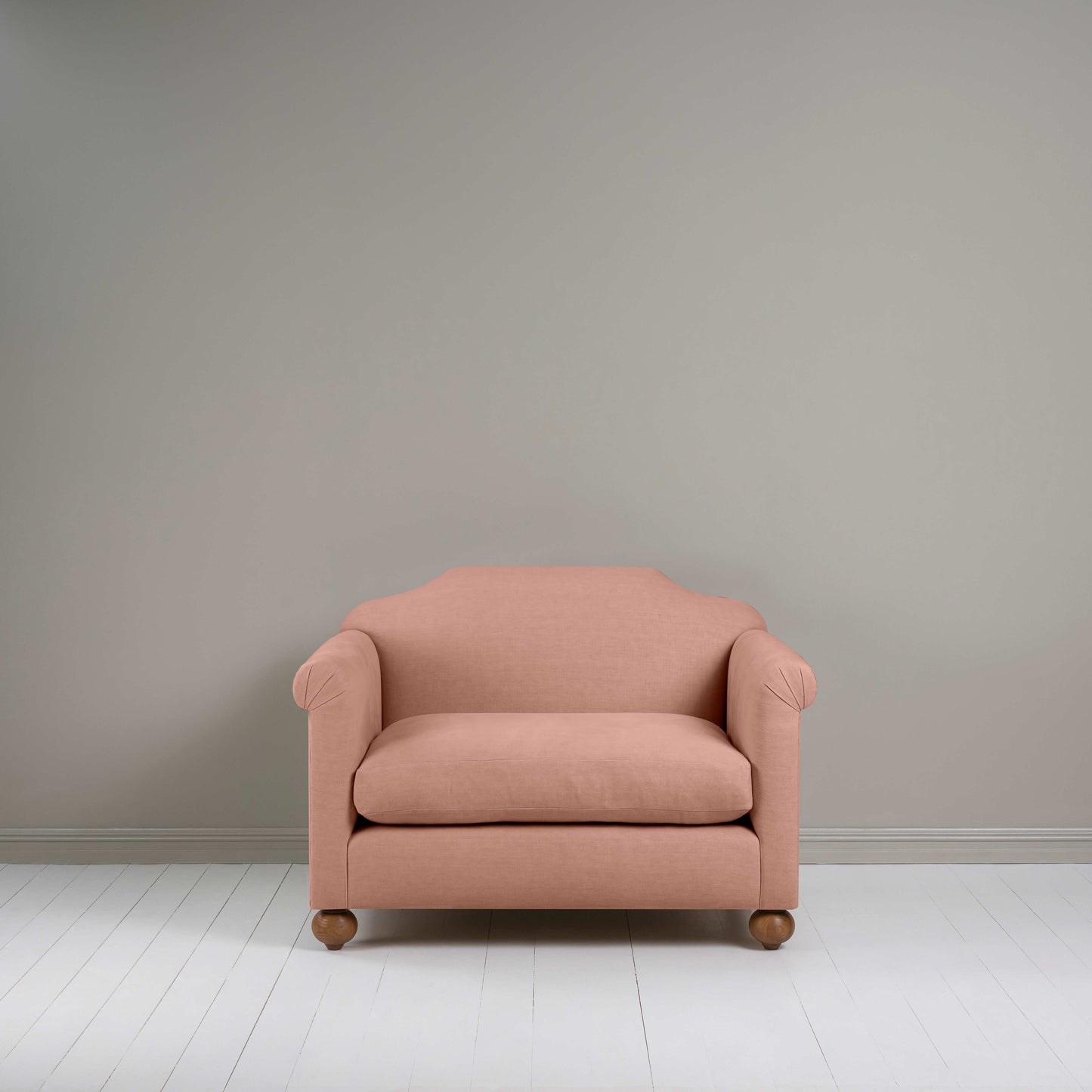Dolittle Love Seat in Laidback Linen Roseberry, Front View - Nicola Harding