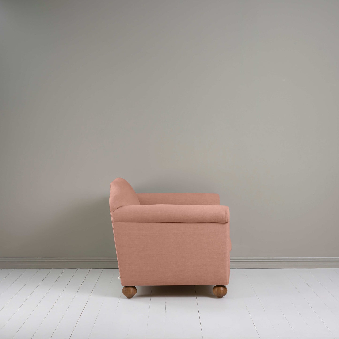 Dolittle Love Seat in Laidback Linen Roseberry, Side View - Nicola Harding