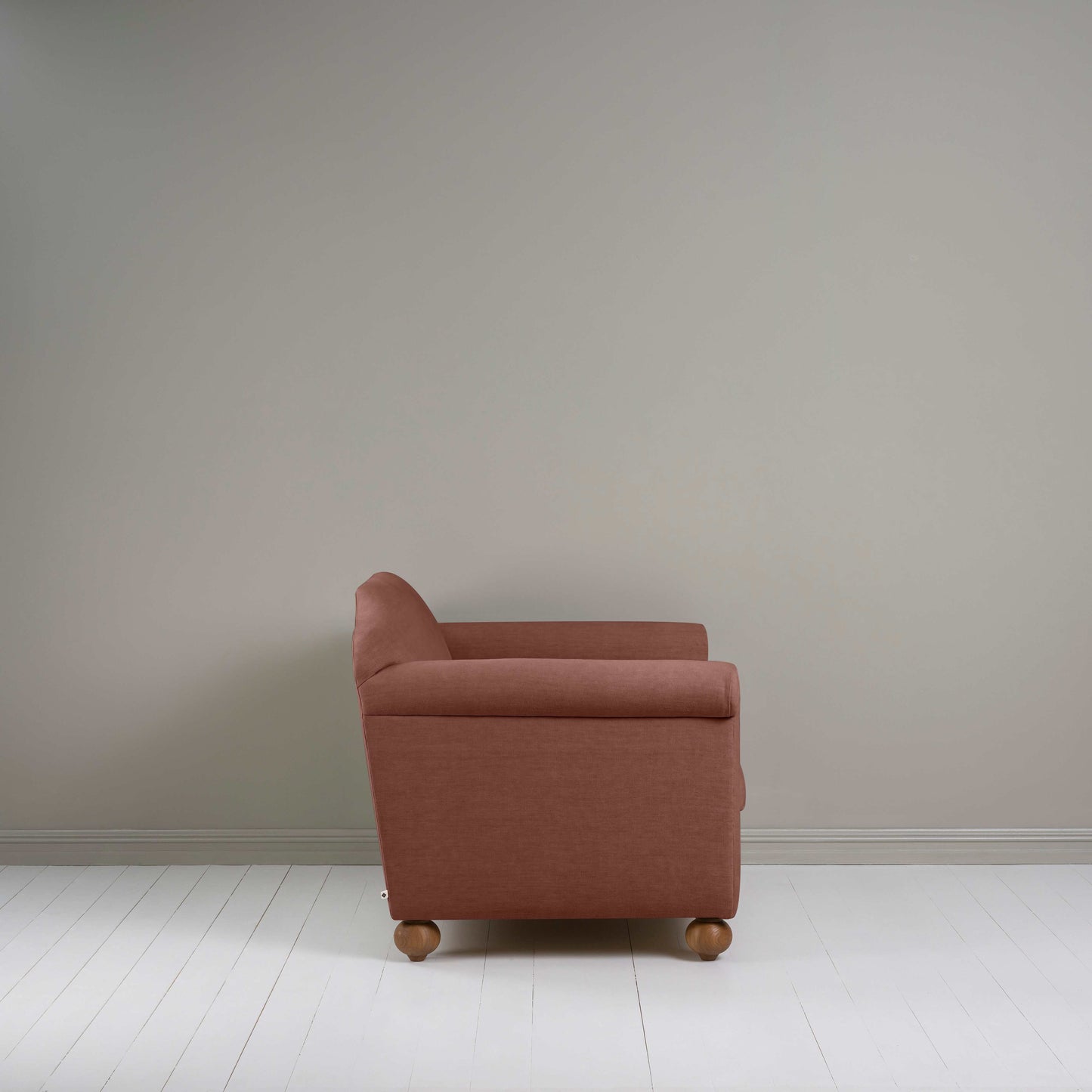 Dolittle Love Seat in Laidback Linen Sweet Briar, Side View - Nicola Harding