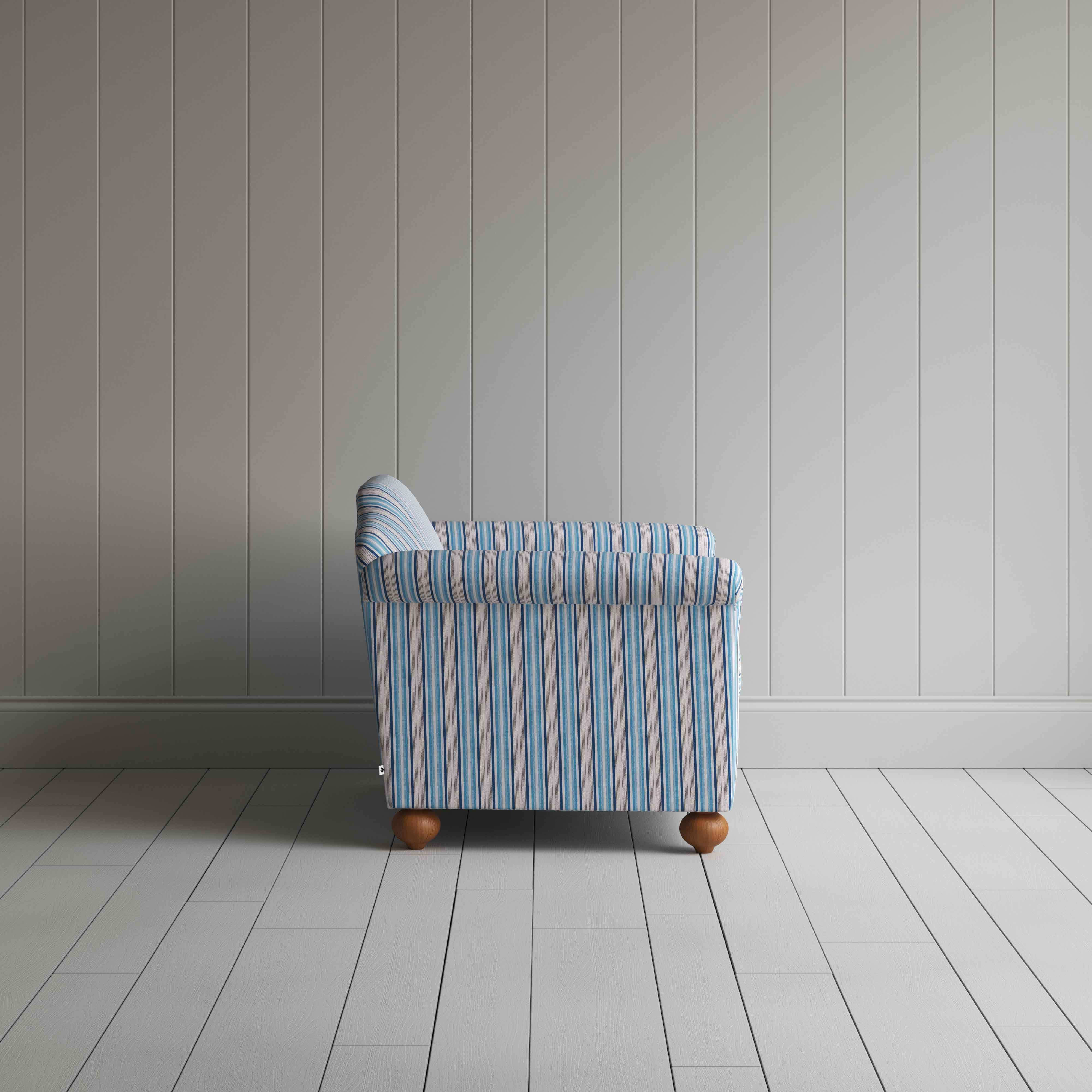 Dolittle Love Seat in Slow Lane Cotton Linen, Blue, Side View - Nicola Harding