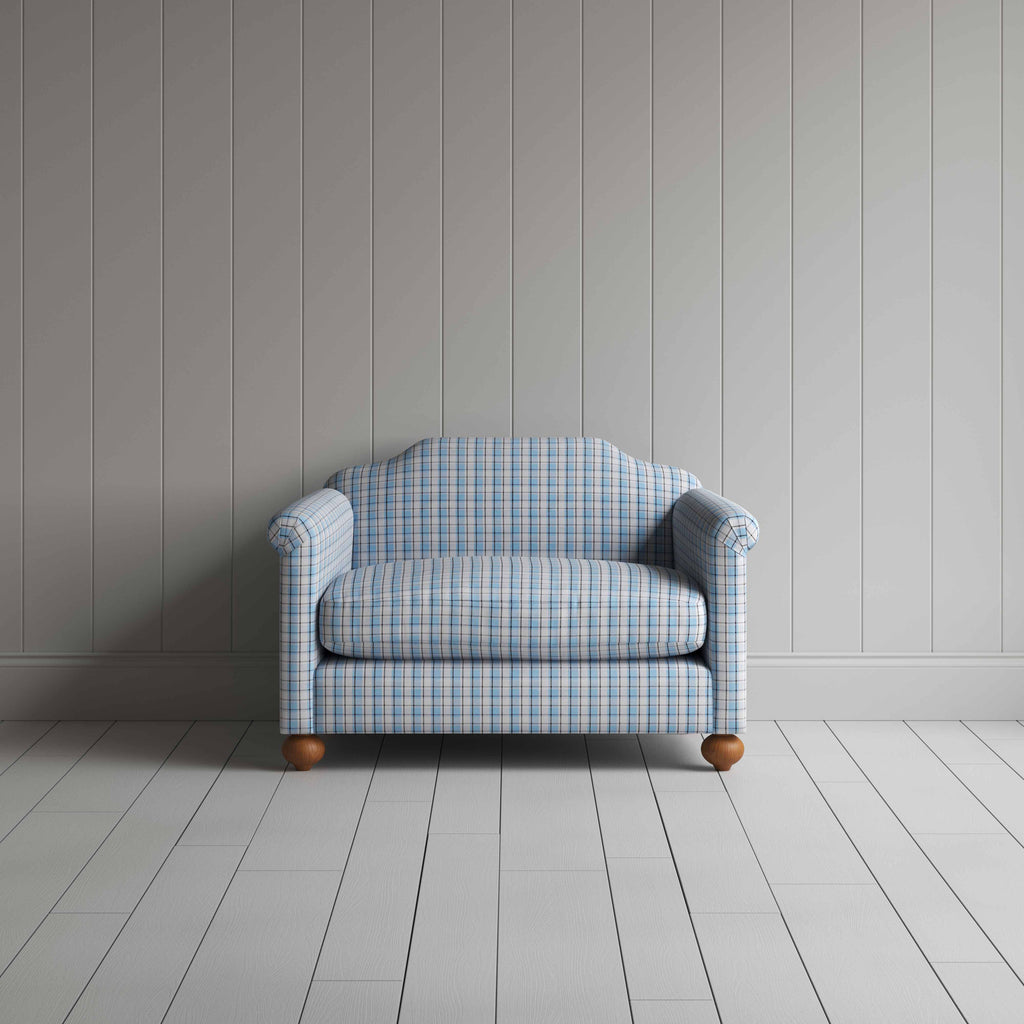 Dolittle Love Seat in Square Deal Cotton, Blue Brown, Front View - Nicola Harding
