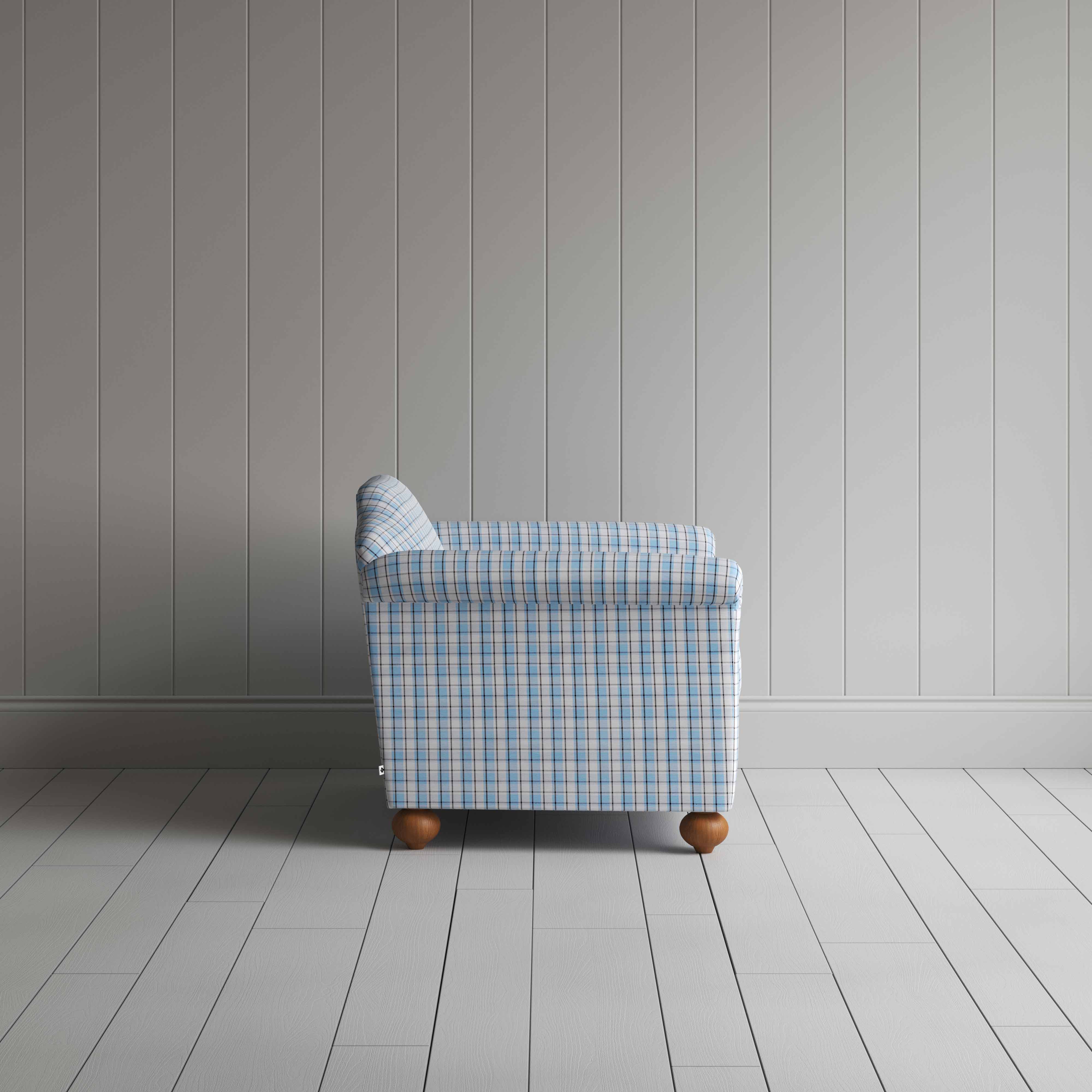 Dolittle Love Seat in Square Deal Cotton, Blue Brown, Side View - Nicola Harding
