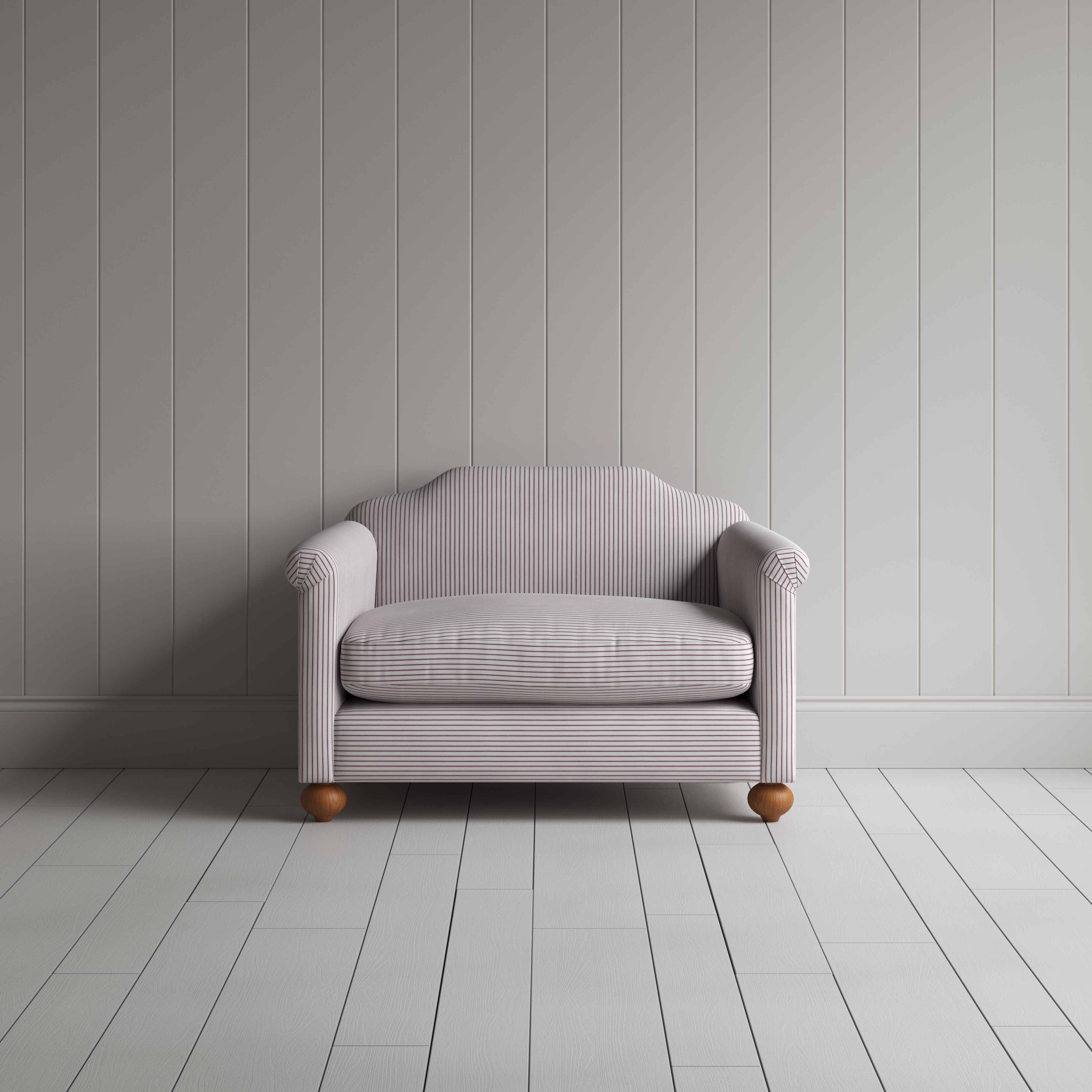 Dolittle Love Seat in Ticking Cotton, Berry, Front View - Nicola Harding