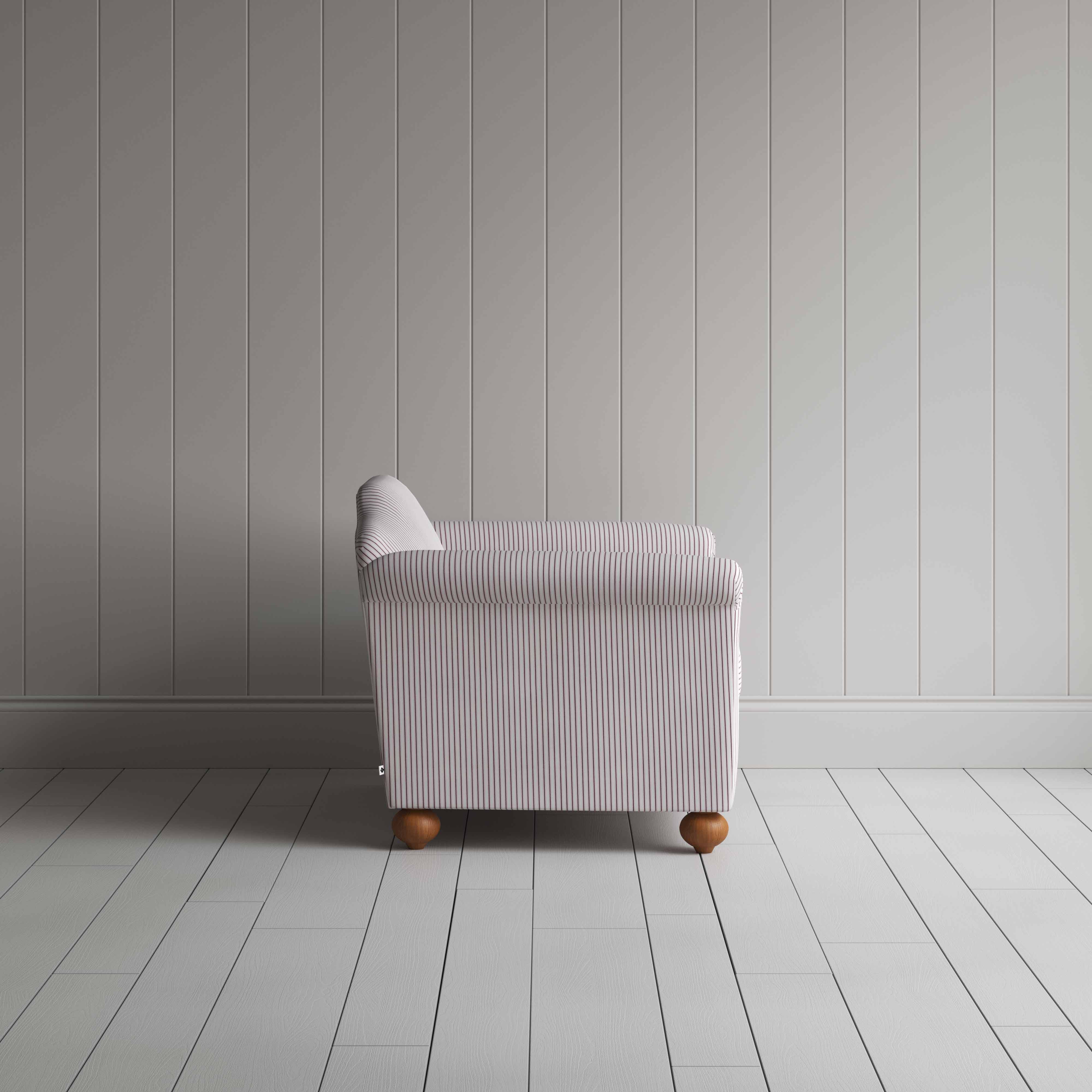 Dolittle Love Seat in Ticking Cotton, Berry, Side View - Nicola Harding