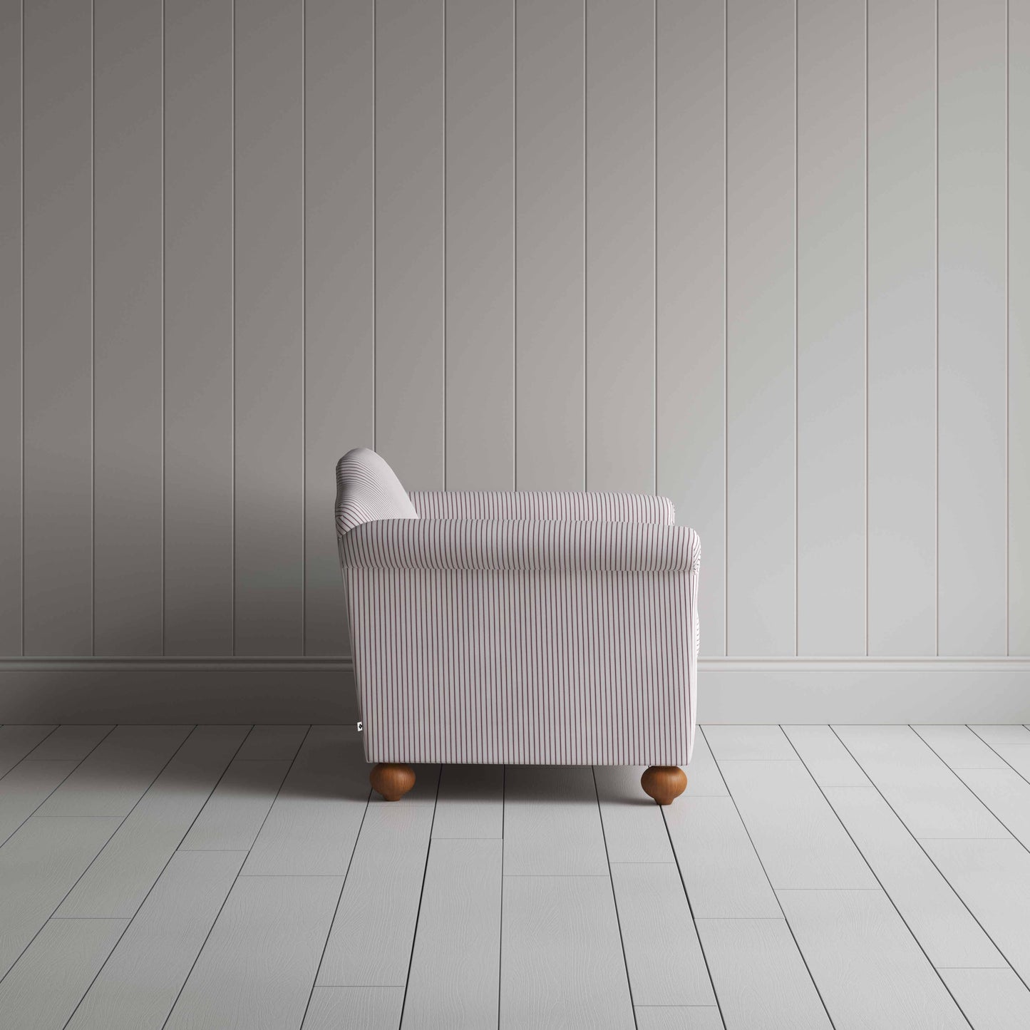 Dolittle Love Seat in Ticking Cotton, Berry, Side View - Nicola Harding