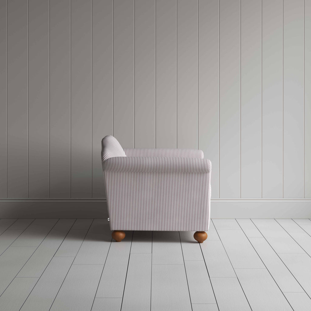 Dolittle Love Seat in Ticking Cotton, Berry, Side View - Nicola Harding