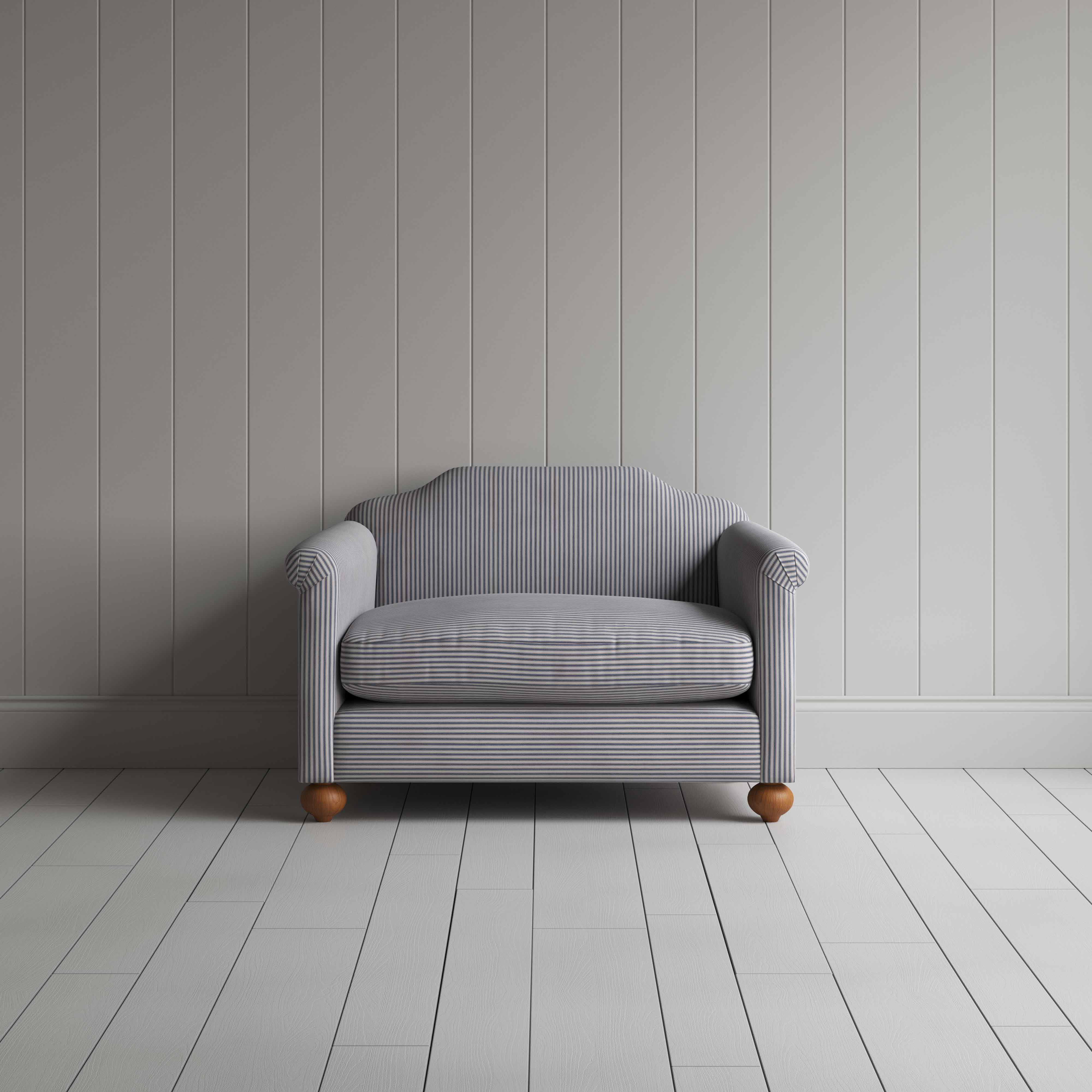 Dolittle Love Seat in Ticking Cotton, Blue Brown, Front View - Nicola Harding