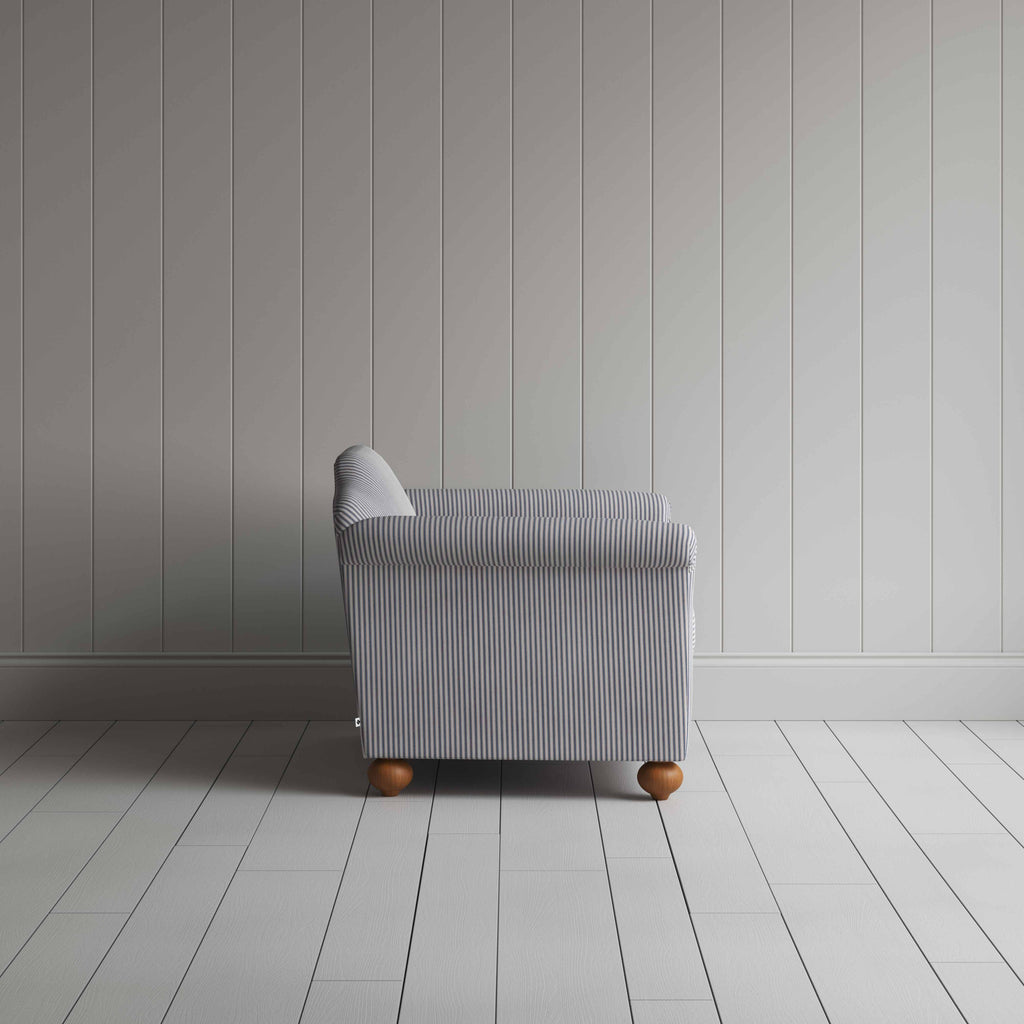 Dolittle Love Seat in Ticking Cotton, Blue Brown, Side View - Nicola Harding