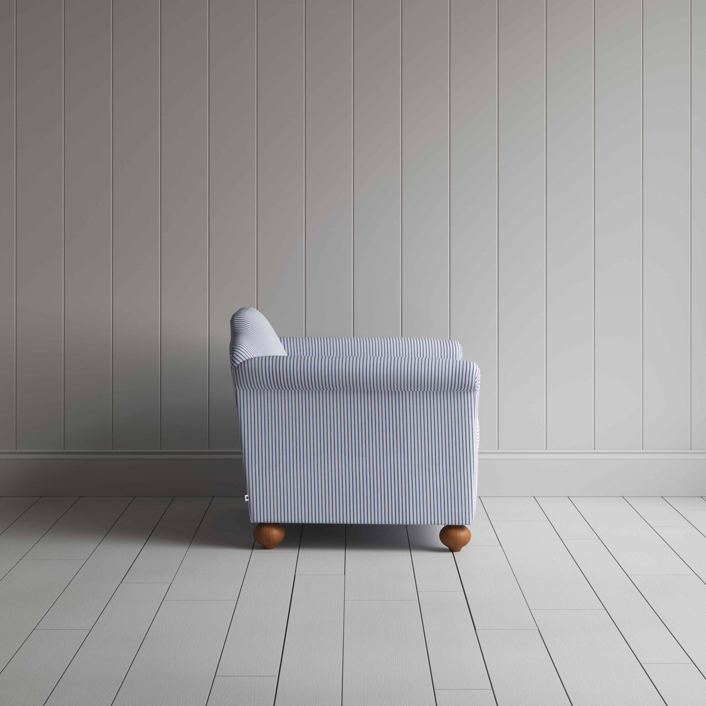 Dolittle Love Seat in Ticking Cotton, Aqua Brown, Side View - Nicola Harding