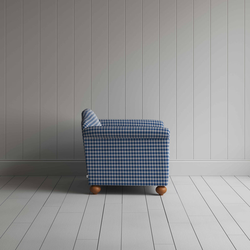 Dolittle Love Seat in Well Plaid Cotton, Blue Brown, Side View - Nicola Harding