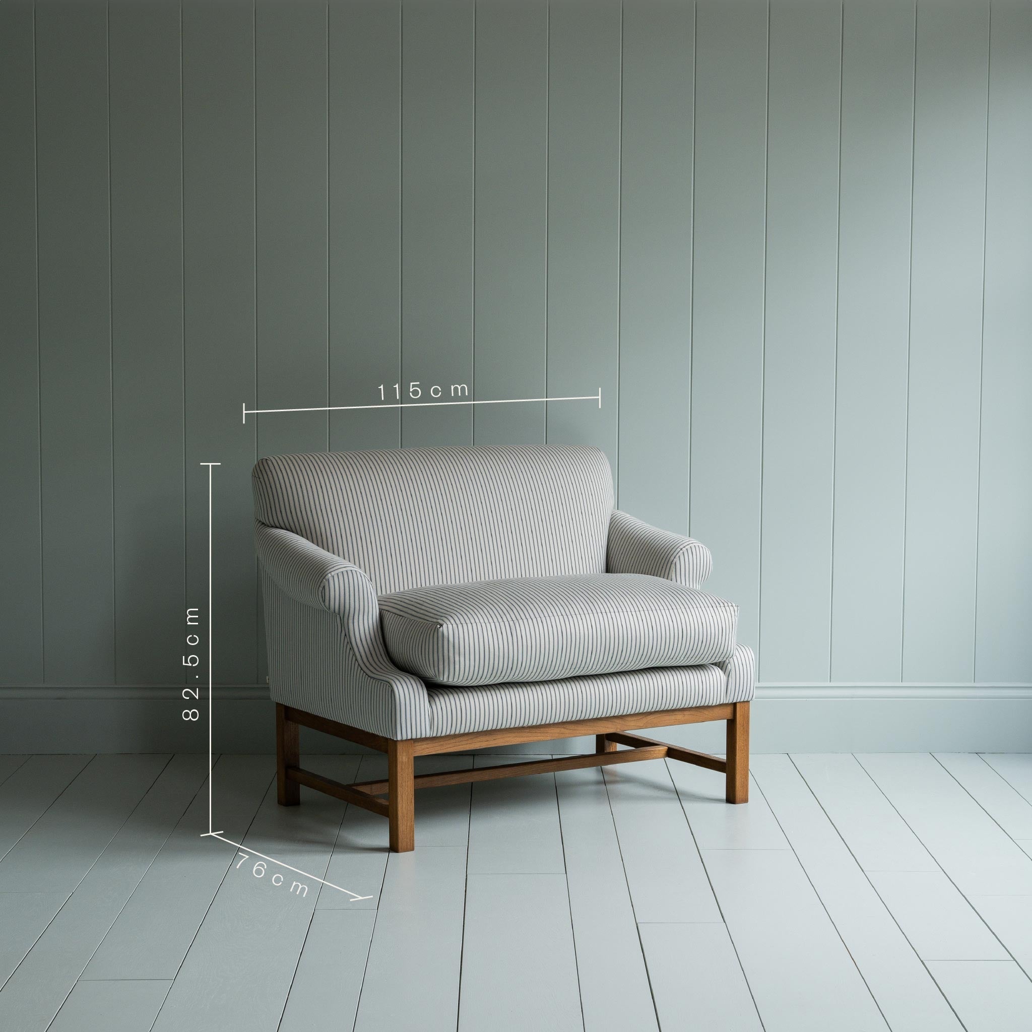 Dimensions of Upholstered Dining Bench in Ticking Cotton Aqua Brown. Height 82.5cm, Lenght 115cm, and Width 76cm - Nicola Harding