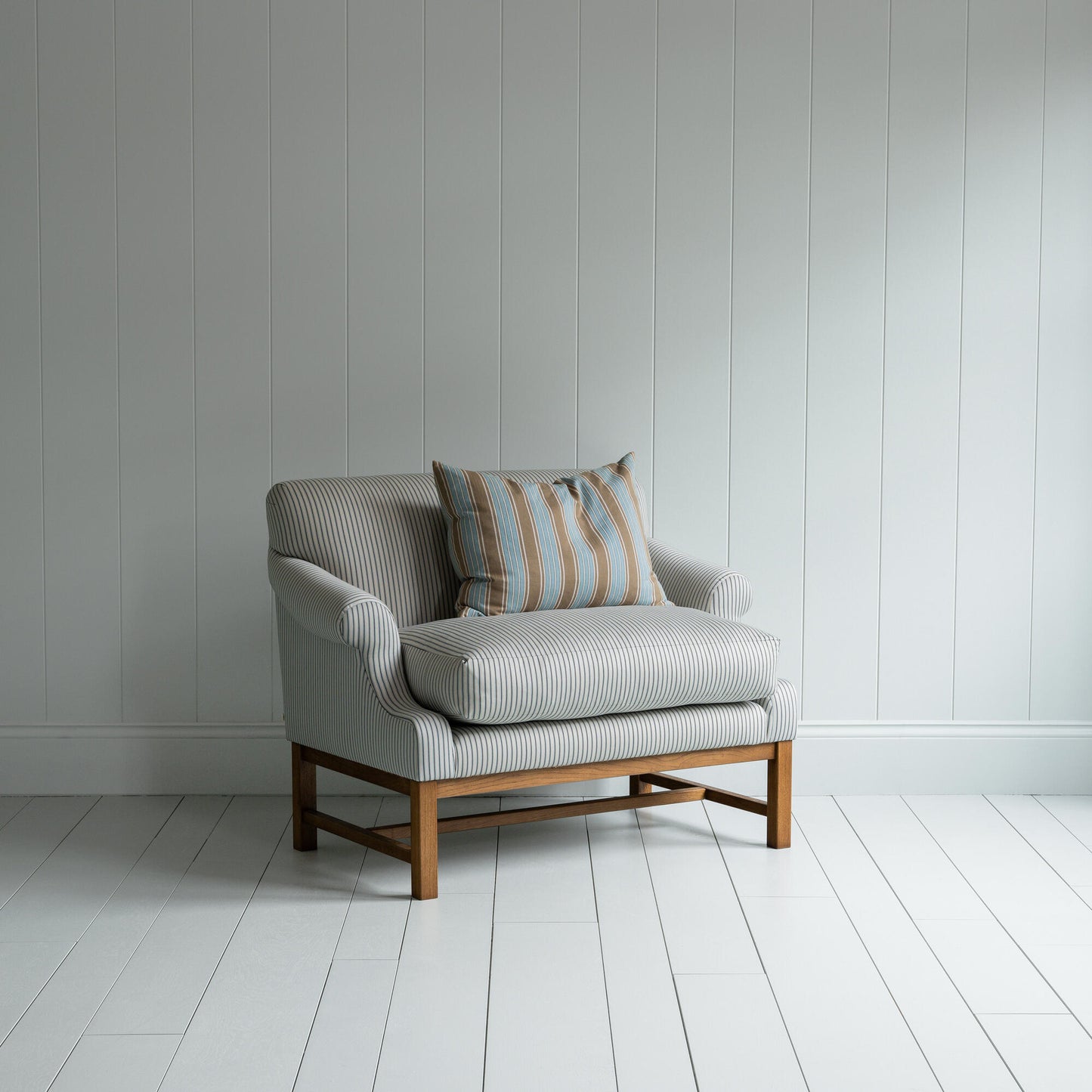 Front Row Upholstered Bench in Ticking Cotton Aqua Brown With Cushions - By NiX