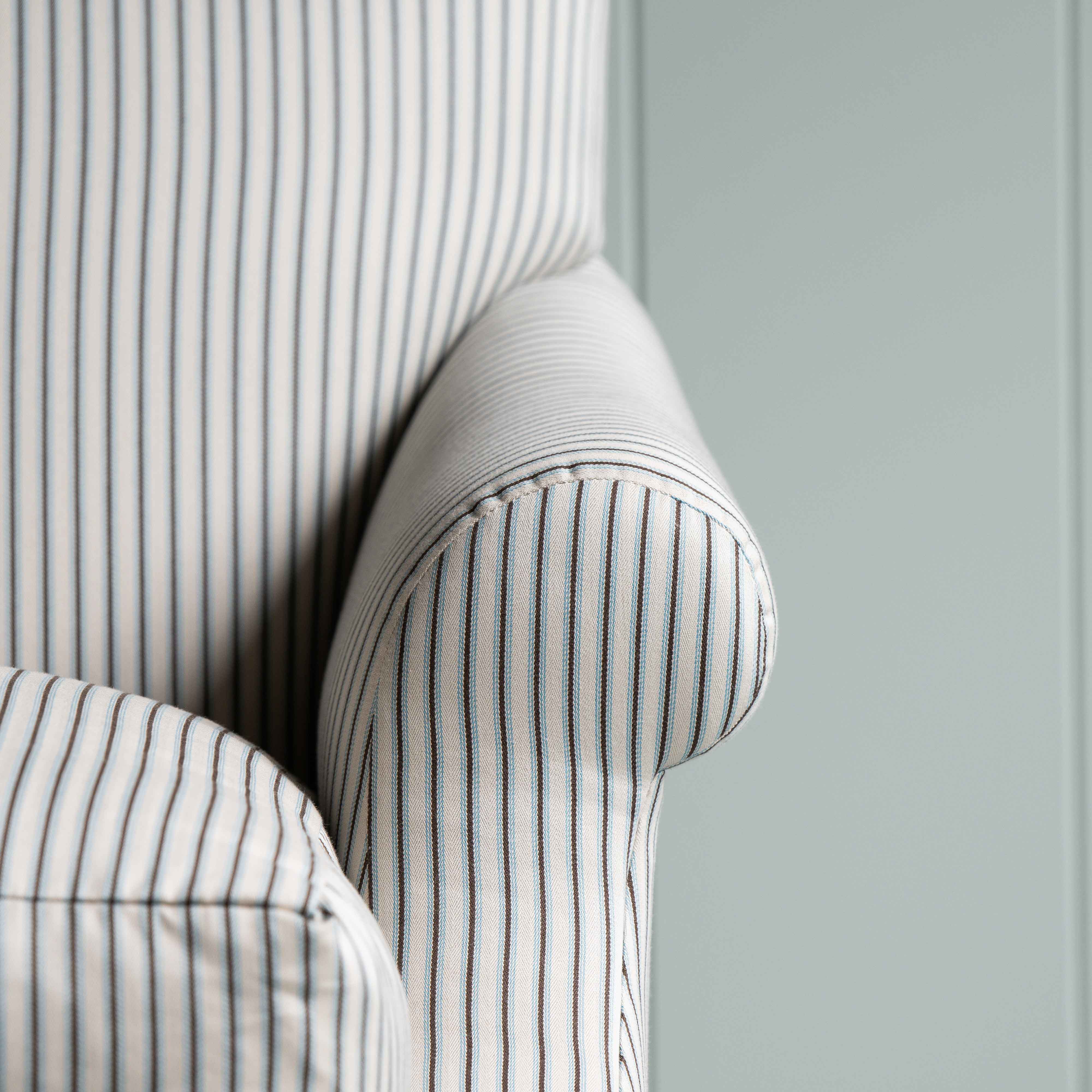 Arm Design Closeup of Dining Bench in Ticking Cotton Aqua Brown - Nicola Harding