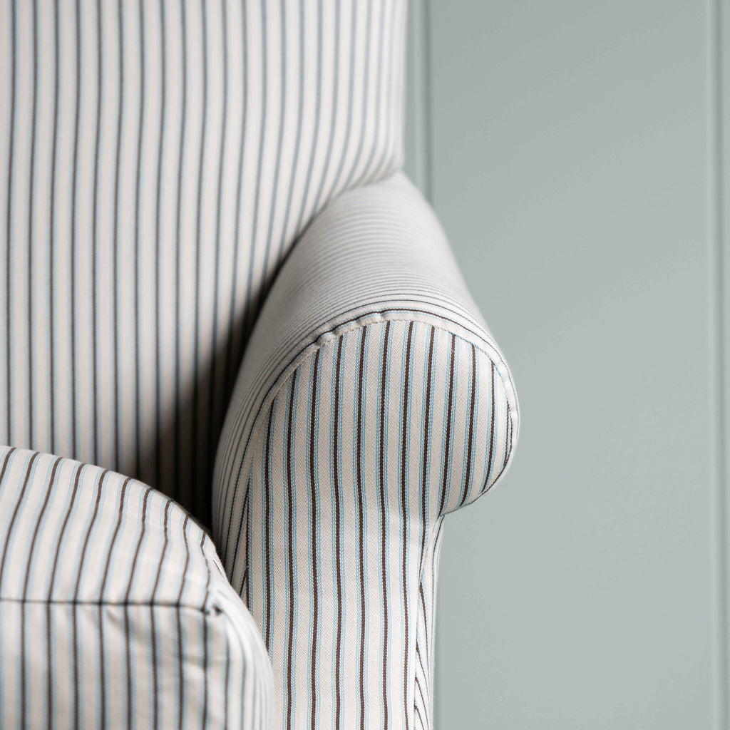 Arm Design Closeup of Dining Bench in Ticking Cotton Aqua Brown - Nicola Harding