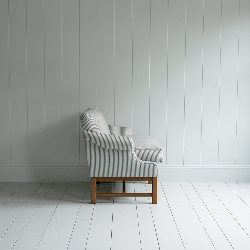 Side View of Upholstered Dining Bench in Ticking Cotton Aqua Brown - Nicola Harding