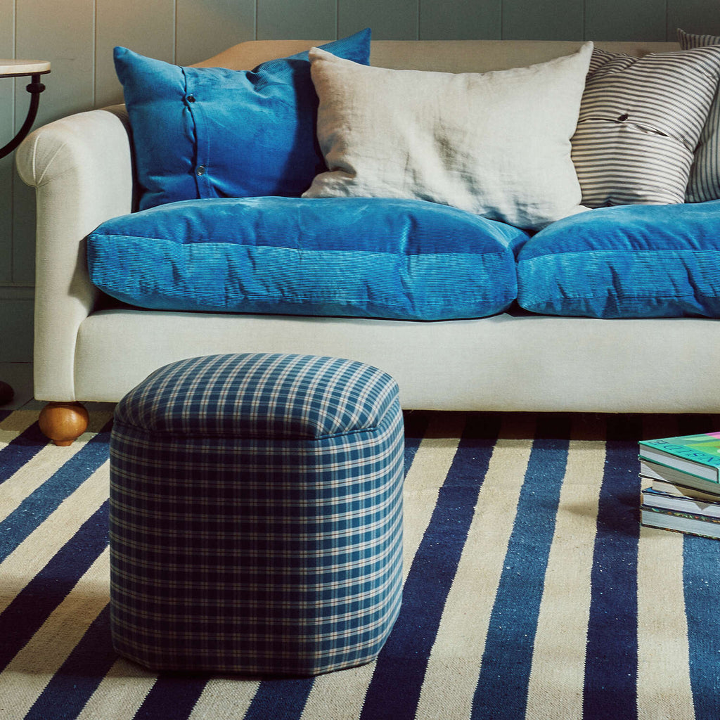 Thither Hexagonal Ottoman in Slow Lane Cotton Linen, Blue