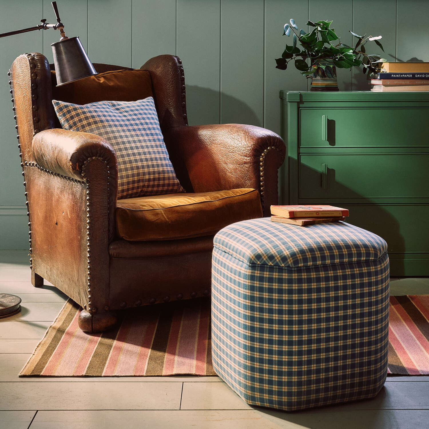 Thither Hexagonal Ottoman in Slow Lane Cotton Linen, Blue