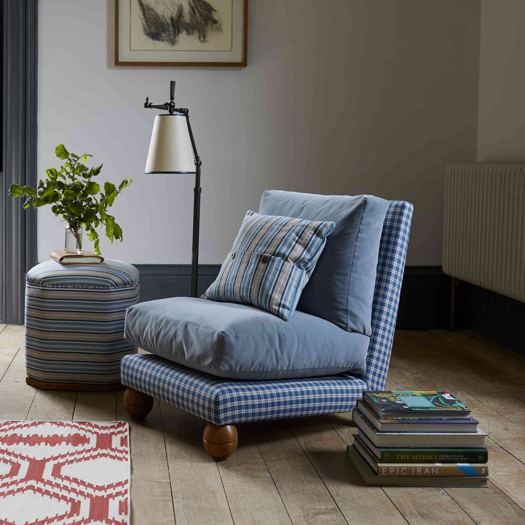 Perch Slipper Armchair in Well Plaid Frame and Intelligent Velvet Mineral Seat, With Cushion, an Ottoman, and a Brass Base Floor Lamp With, To The Point Paper Empire Lamp Shade in Soft White with Peacock Blue Trim - Nicola Harding