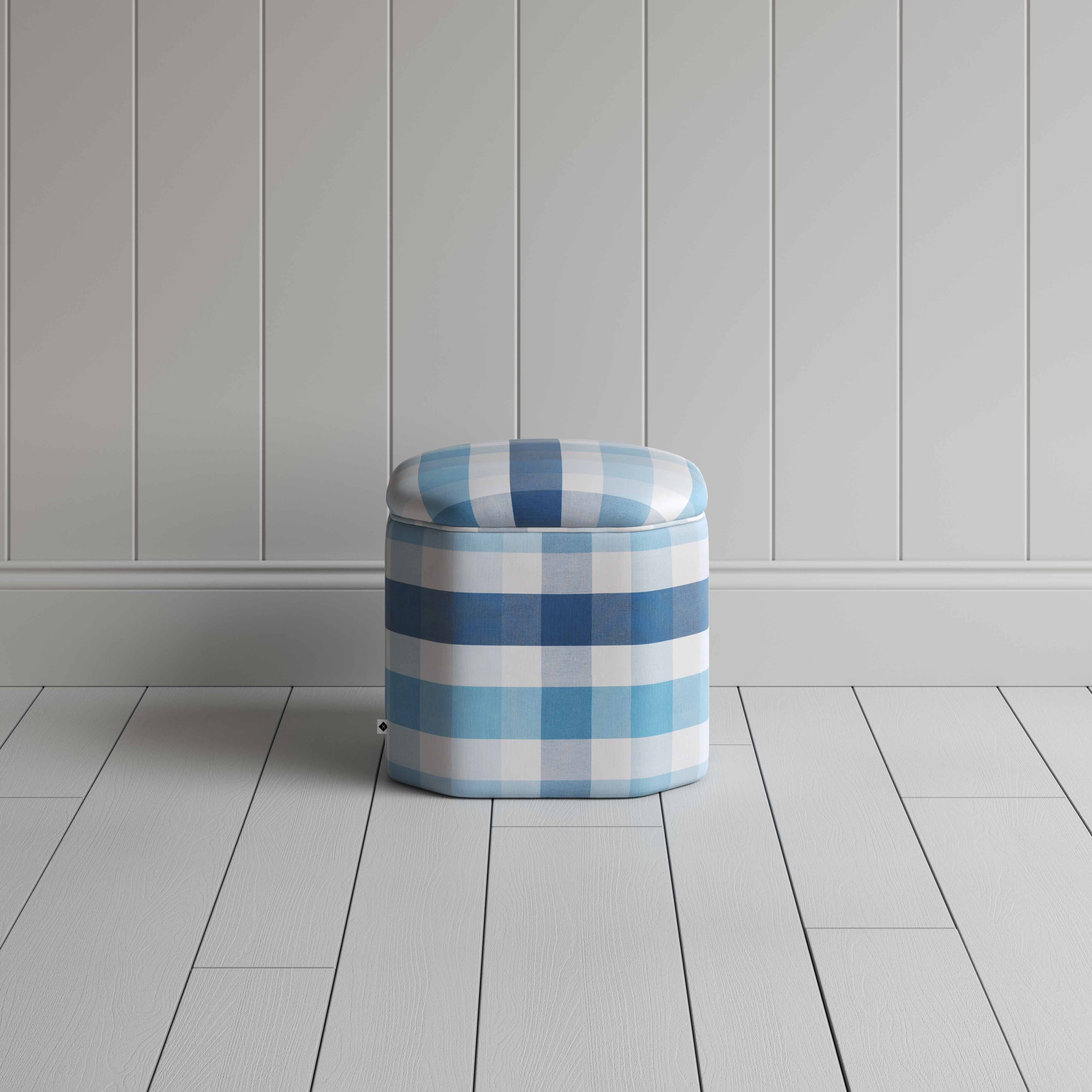 Thither Hexagonal Ottoman in Checkmate Cotton, Blue, Back View - NiX
